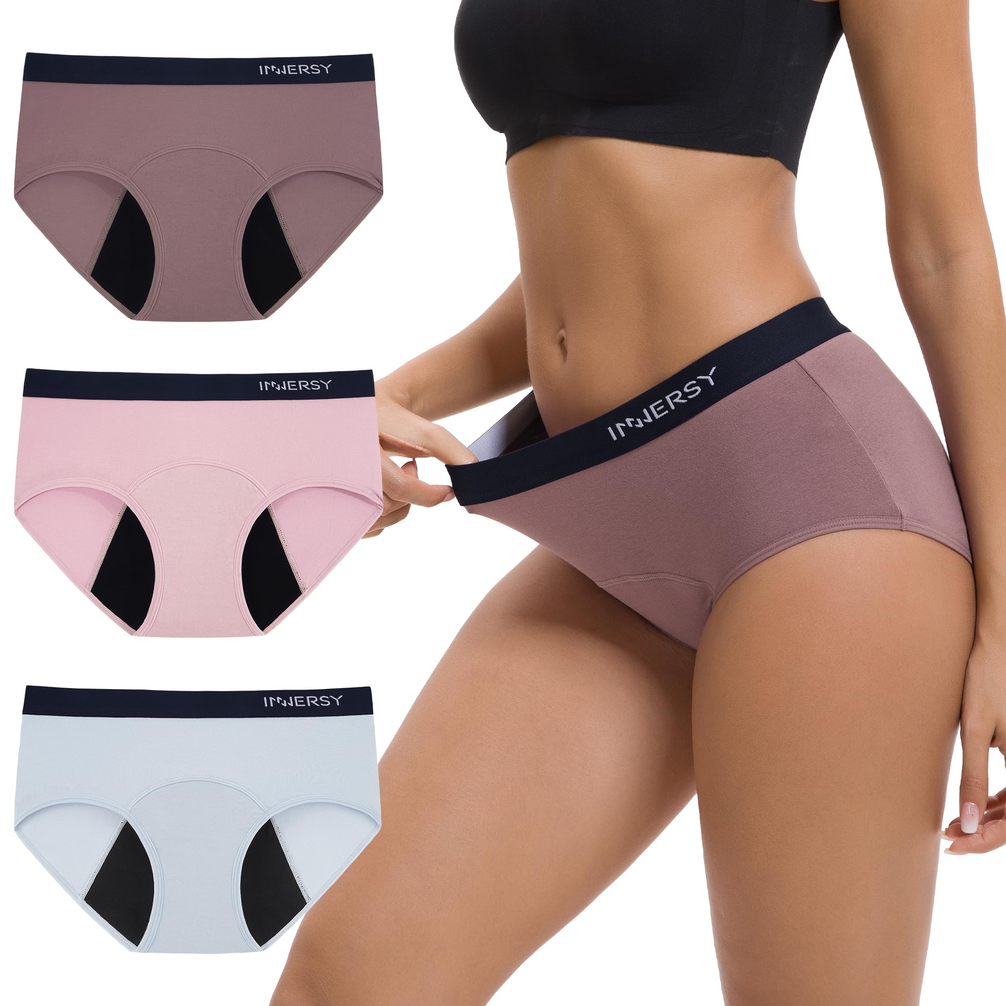 INNERSY Mutande Ciclo Mestruale Donna Vita Media Lavabili Slip Mestruali Flusso Leggero Pacco da 3
