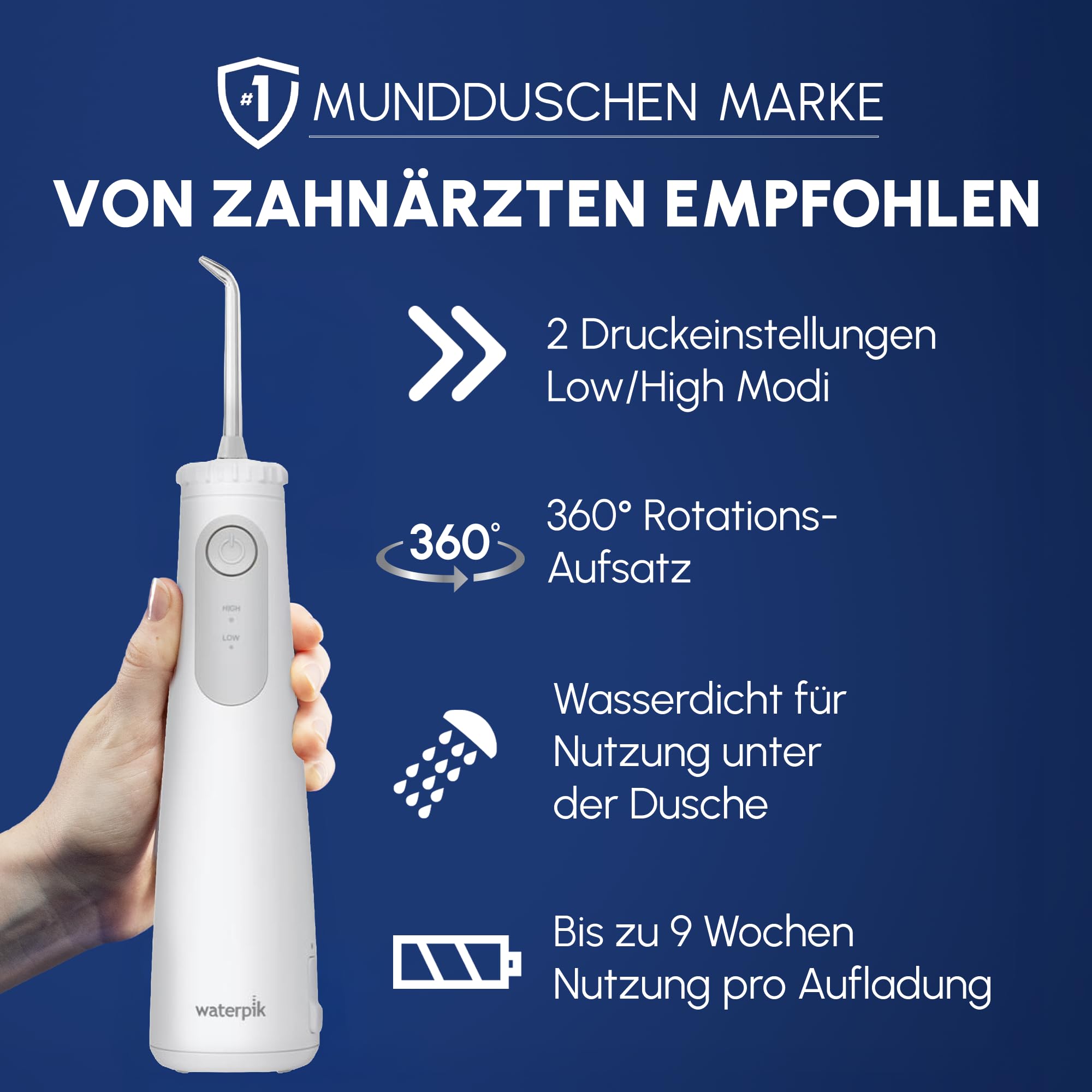 Waterpik Pearl kabellose Munddusche, Testsieger 2026, entfernt 99,9 Prozent des Plaques, Power Akku (9 Wochen Nutzung), 2x effektiver als Zahnseide, wasserdicht, weiß