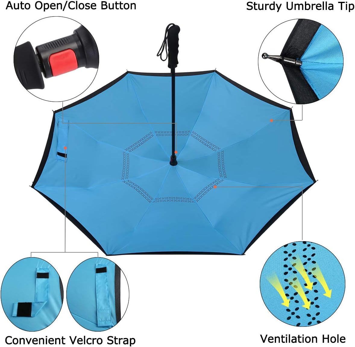 G4Free Double Layer Inverted Umbrella Cars Reverse Open Folding Umbrellas, Windproof UV Protection Large Upside Down Straight Umbrella for Car Rain with Rubber Coated ABS Handle (Blue)
