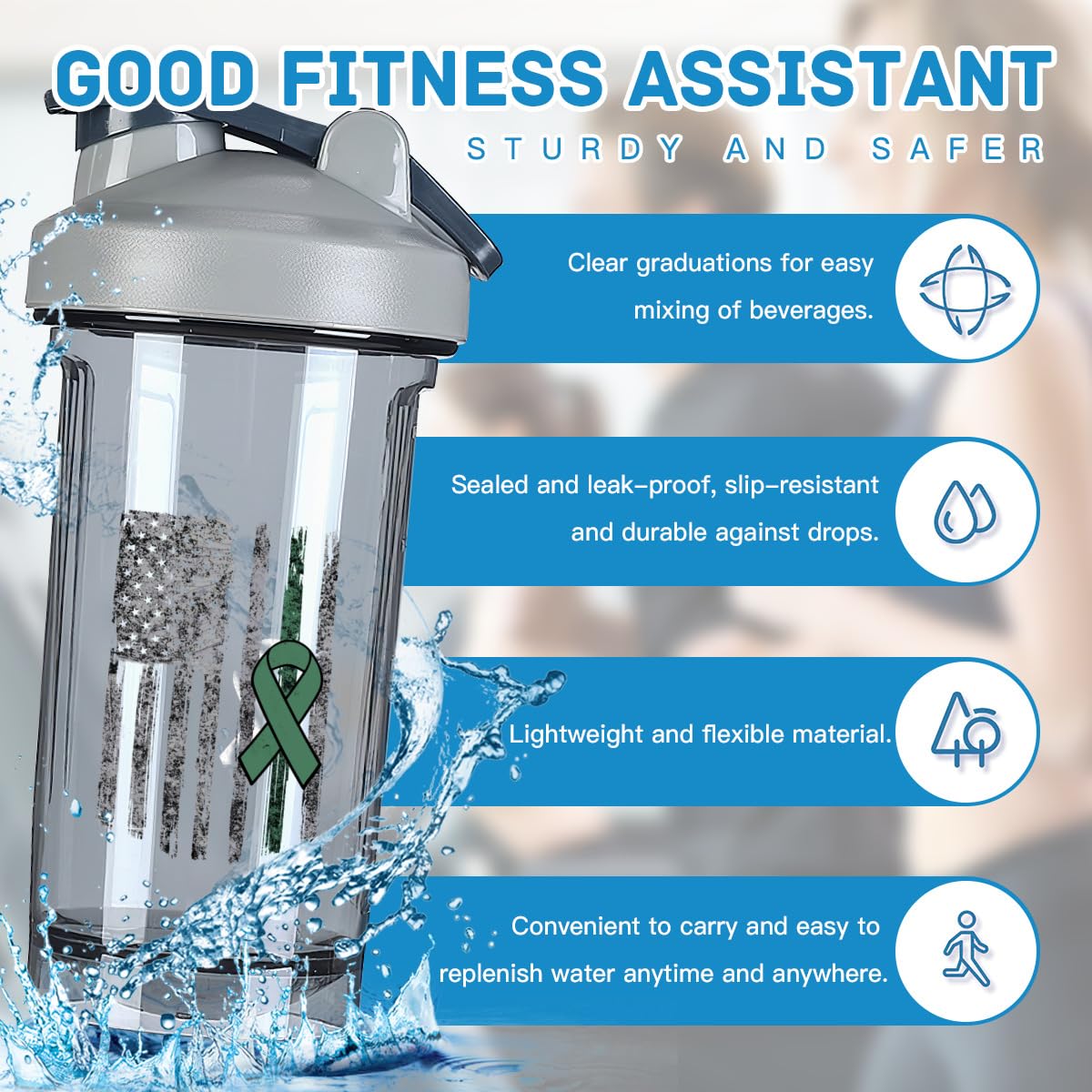 Bipolar Awareness America Flag 18 Ounce Shaker Bottle Drink Mixer Leak-proof Pre Workout Protein Shakes Meal Replacement Shakes Bottles 500ML/18 Oz Gray