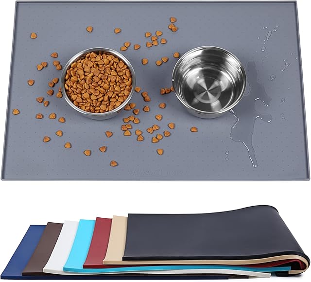 VIVAGLORY Dog Food Mat Silicone Dog Cat Bowl Mat Non-Slip Food Placemat Small 48x30 cm Waterproof Food Grade Pet Feeding Mat, Grey