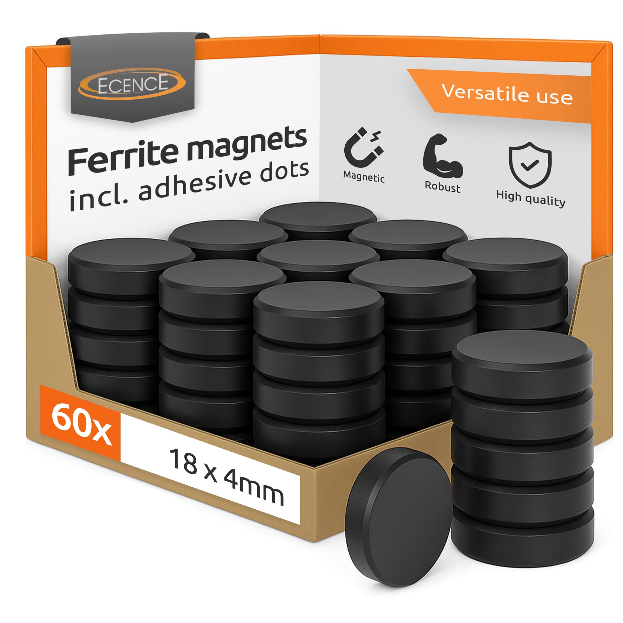 ECENCE Magnesy Ferrytowe, Mocne do Lodówek, D18x4mm, 60x do Tablicy Magnetycznej, Okrągłe w Tym Kropki Samoprzylepne