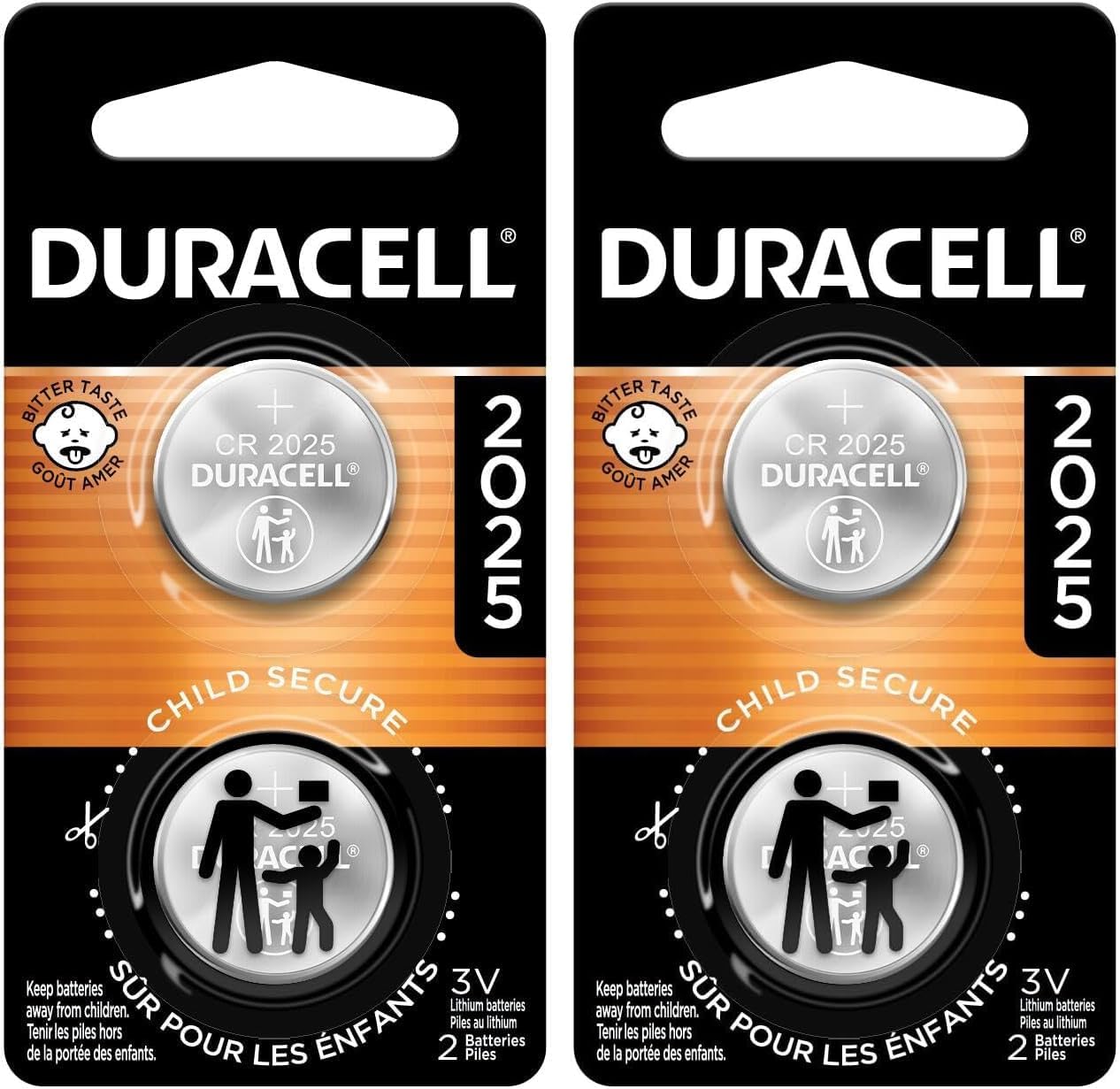 Duracell CR2025 3V Lithium Battery, Child Safety Features, 2 Count Pack, Lithium Coin Battery for Key Fob, Car Remote, Glucose Monitor, CR Lithium 3 Volt Cell (Pack of 2)