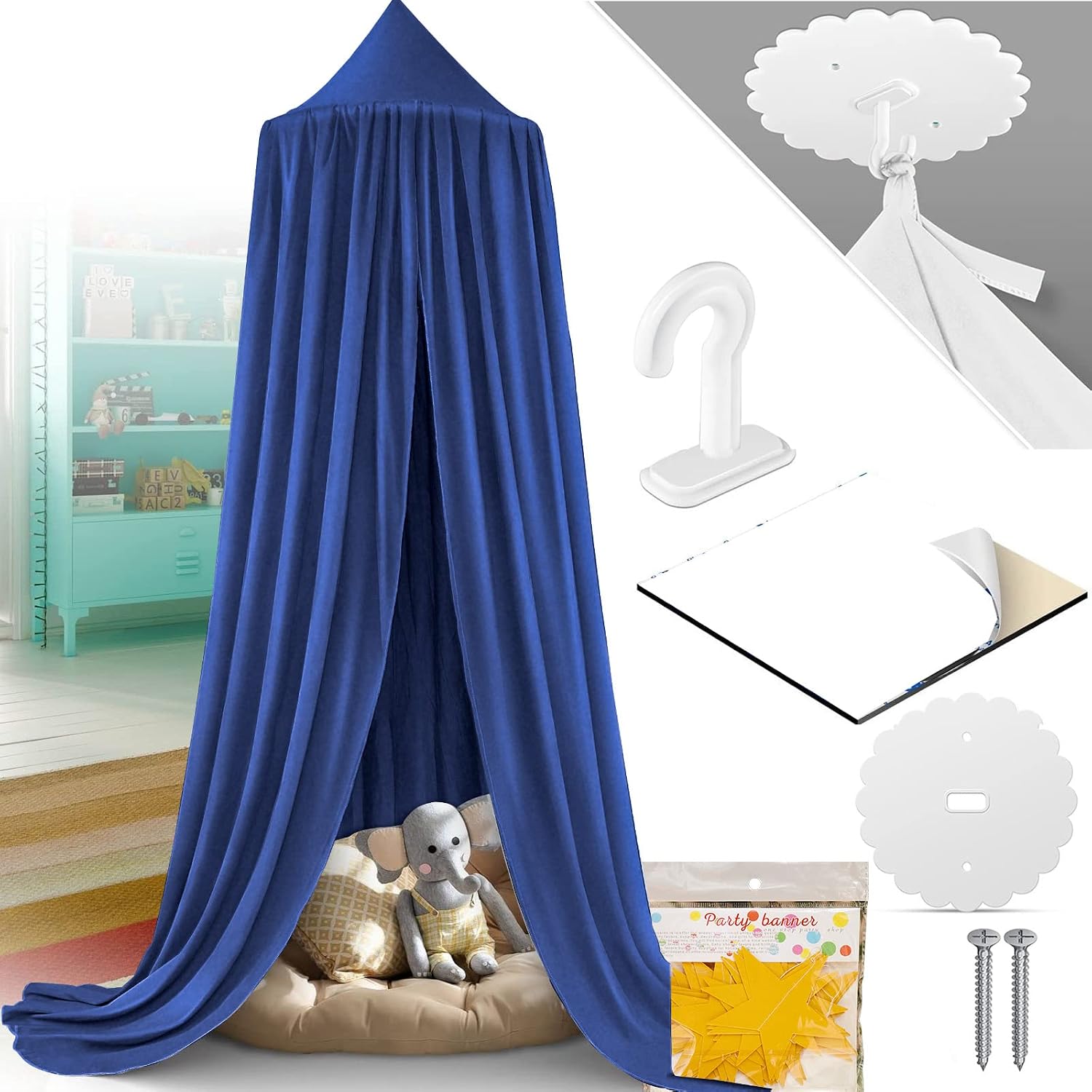 dix-rainbow Bed Canopy for Kids Baby Children Bed, Round Dome Hanging Reading Nook Room Canopy Tent -Cotton Midnight Blue
