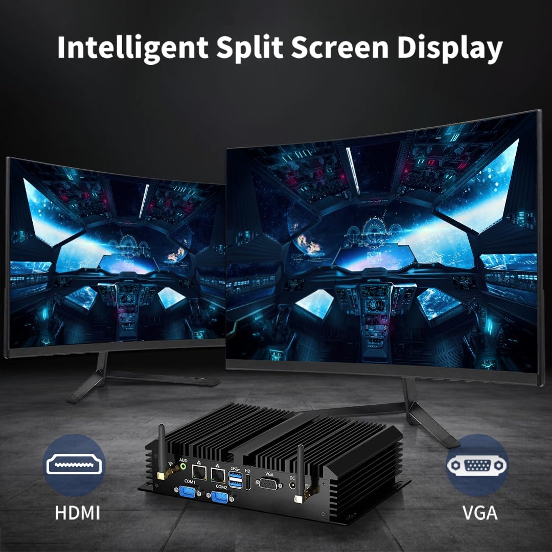Thdeukoty Fanless Industrial Mini PC, Desktop Computer Core i7-5500U Windows 10 Pro, 16GB RAM 512GB SSD, 2xNICs, 2*COM RS232, 4xUSB3.0, Dula-Band WiFi, HDMI/VGA Ports, Gigabit LAN, Auto Power On