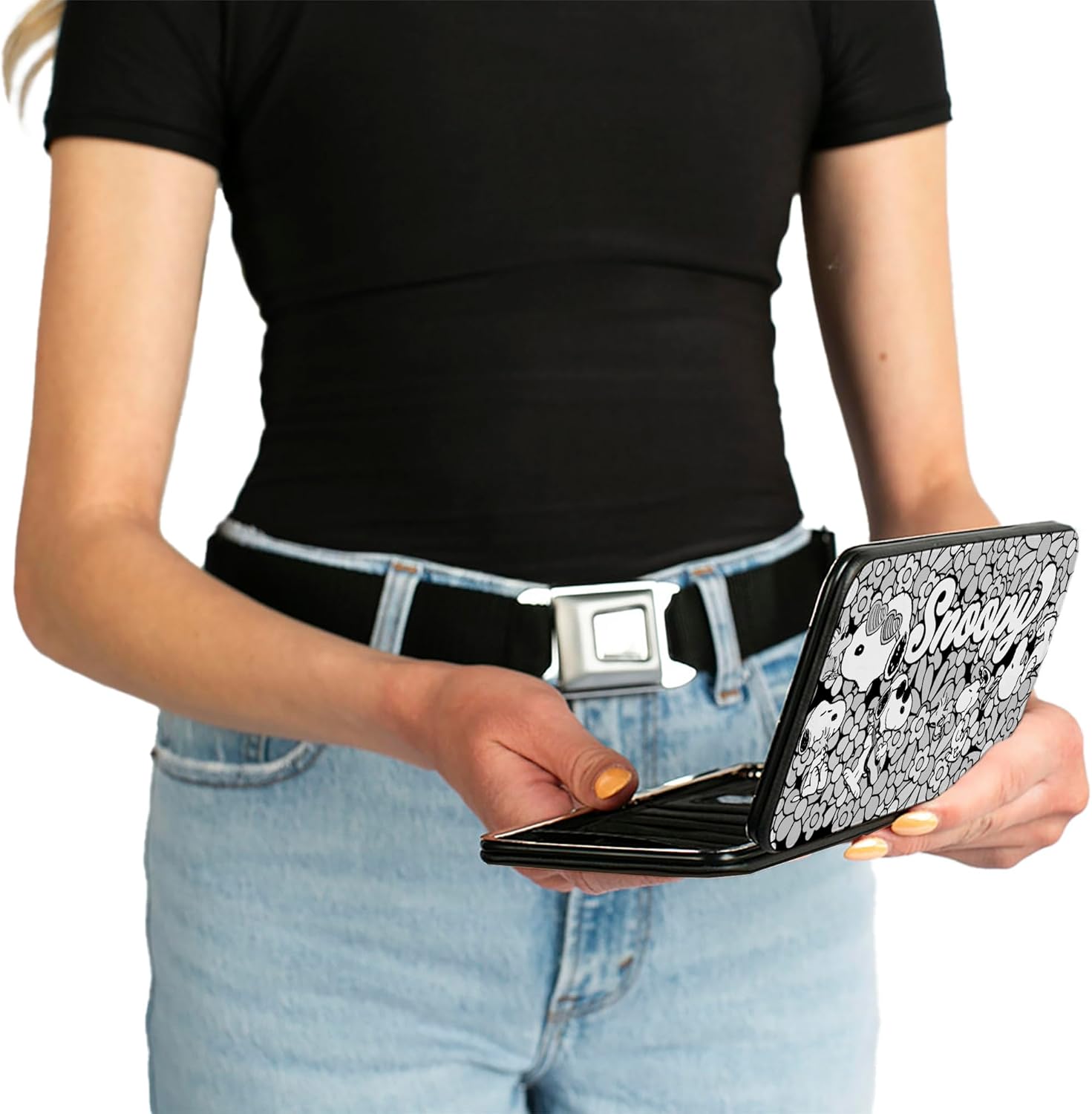 Buckle-Down Peanuts Wallet, Hinged, Snoopy Poses and Daisy Flowers Collage Black Grays White, Vegan Leather - Image 4