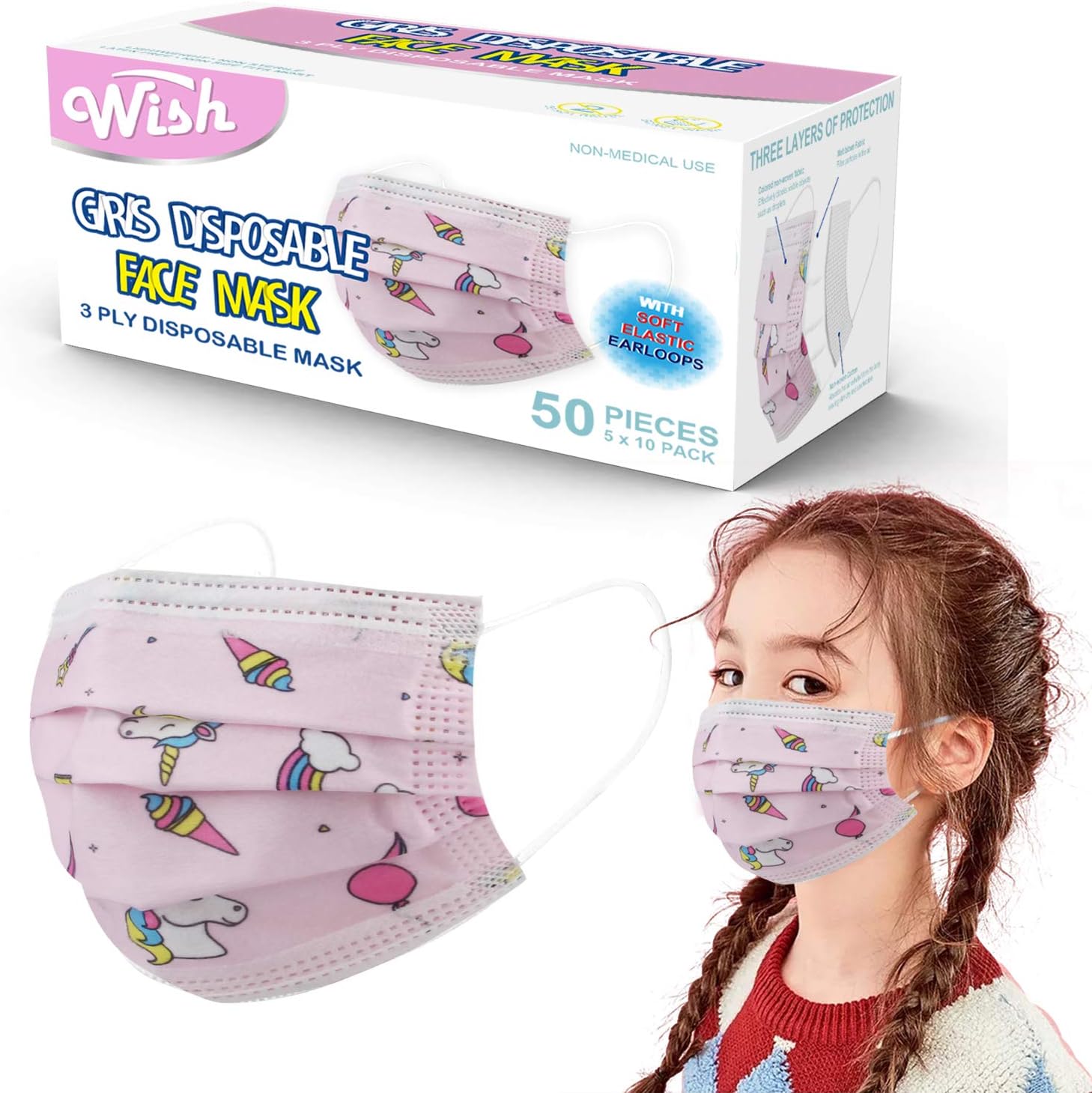 Wish Kids Face Mask Girls Assorted Prints (Pack of 50), 3 Ply, Ships from USA