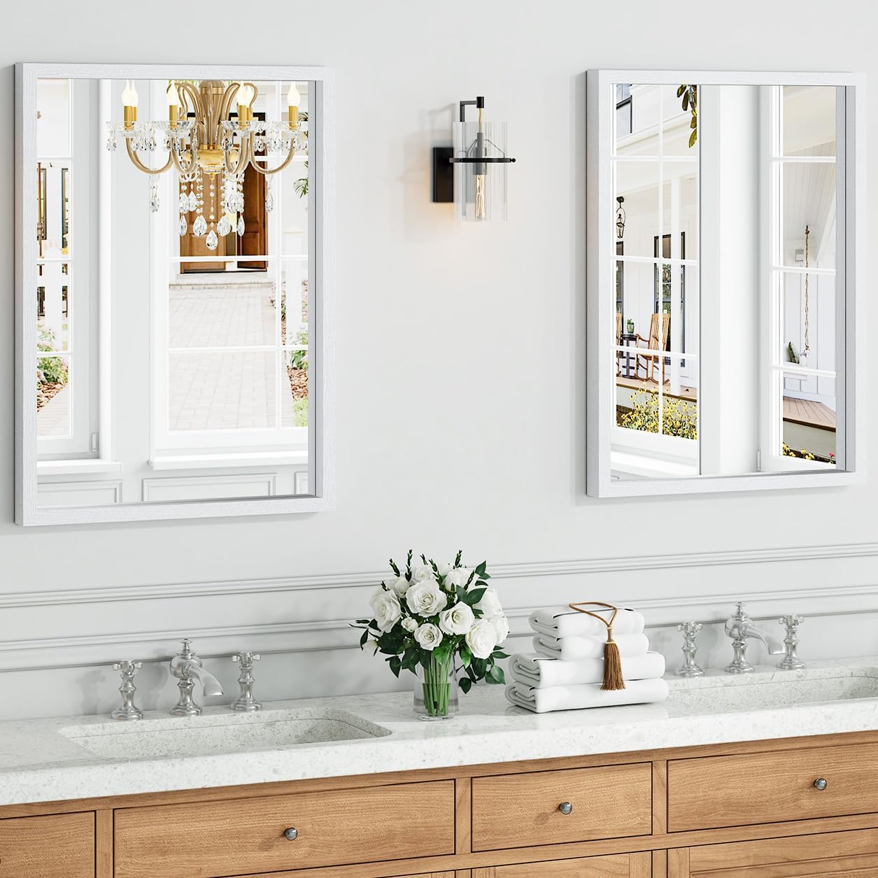 Syndra White Wood Frame Bathroom Mirror, 22''x30'' Modern Vanity Mirror for Wall, Waterproof Slim Deep Frame, Rectangular HD Tempered Glass Mirror for Living Room, Bedroom, Entryway, Rustic, Farmhouse