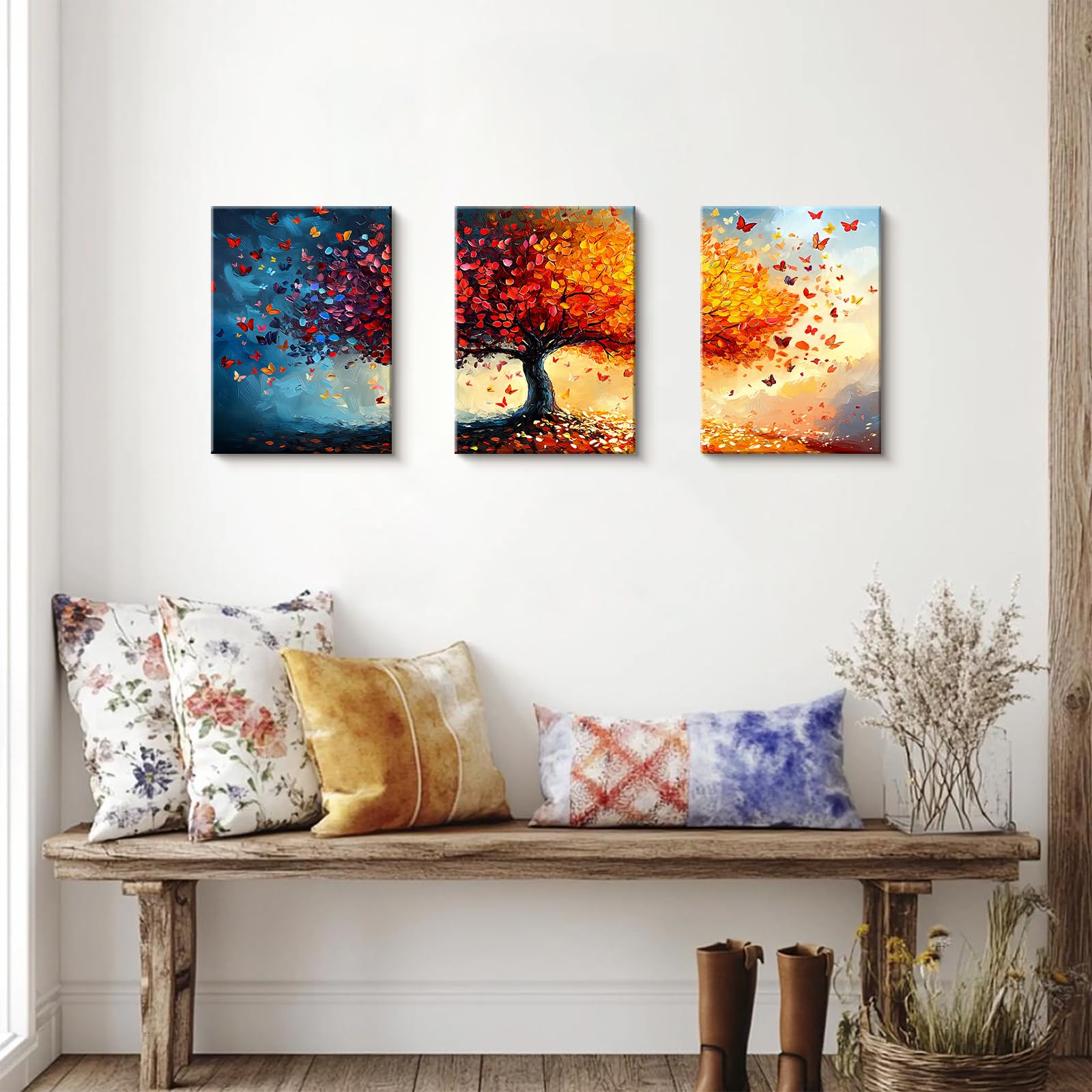 3 Pcs Orange Red Tree of Life Tree Canvas Wall Art - Image 4