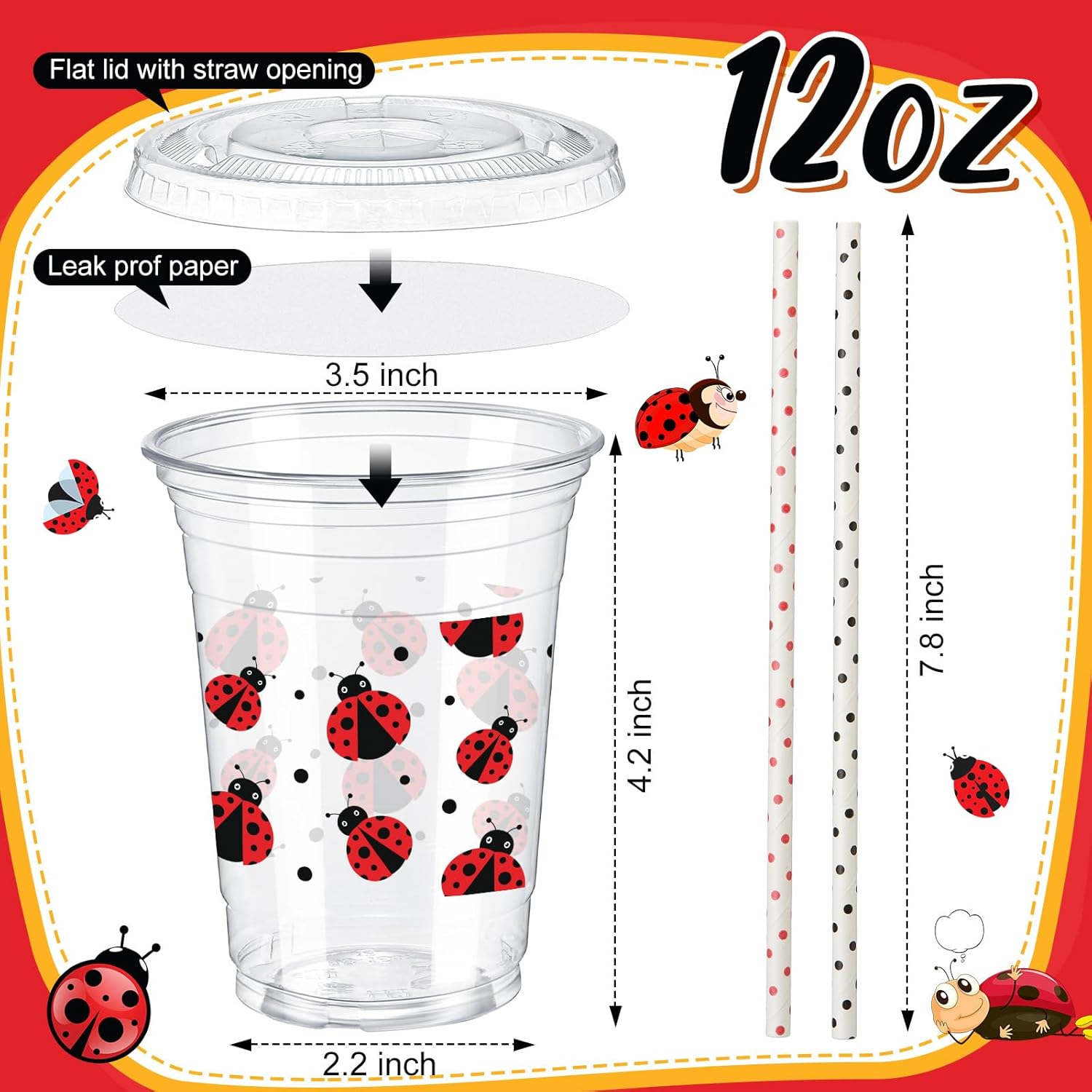 FoldTier 50 Pcs 12 oz Ladybug Disposable Plastic Cups with Straws, Lids and Leakproof Paper Clear Cups Birthday Party Supplies Birthday Table Decorations