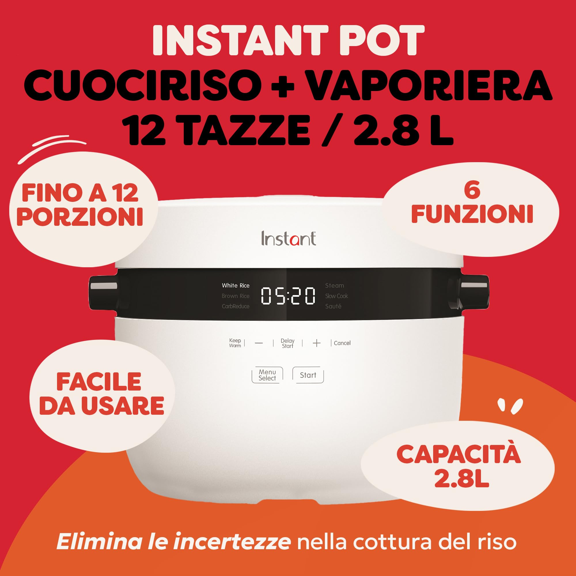 Instant Pot - Cuociriso e vaporiera, 2.8 L (12 tazze) - Con pentola antiaderente lavabile in lavastoviglie, cestello per la cottura a vapore in acciaio inossidabile, misurino, cucchiaio per il riso