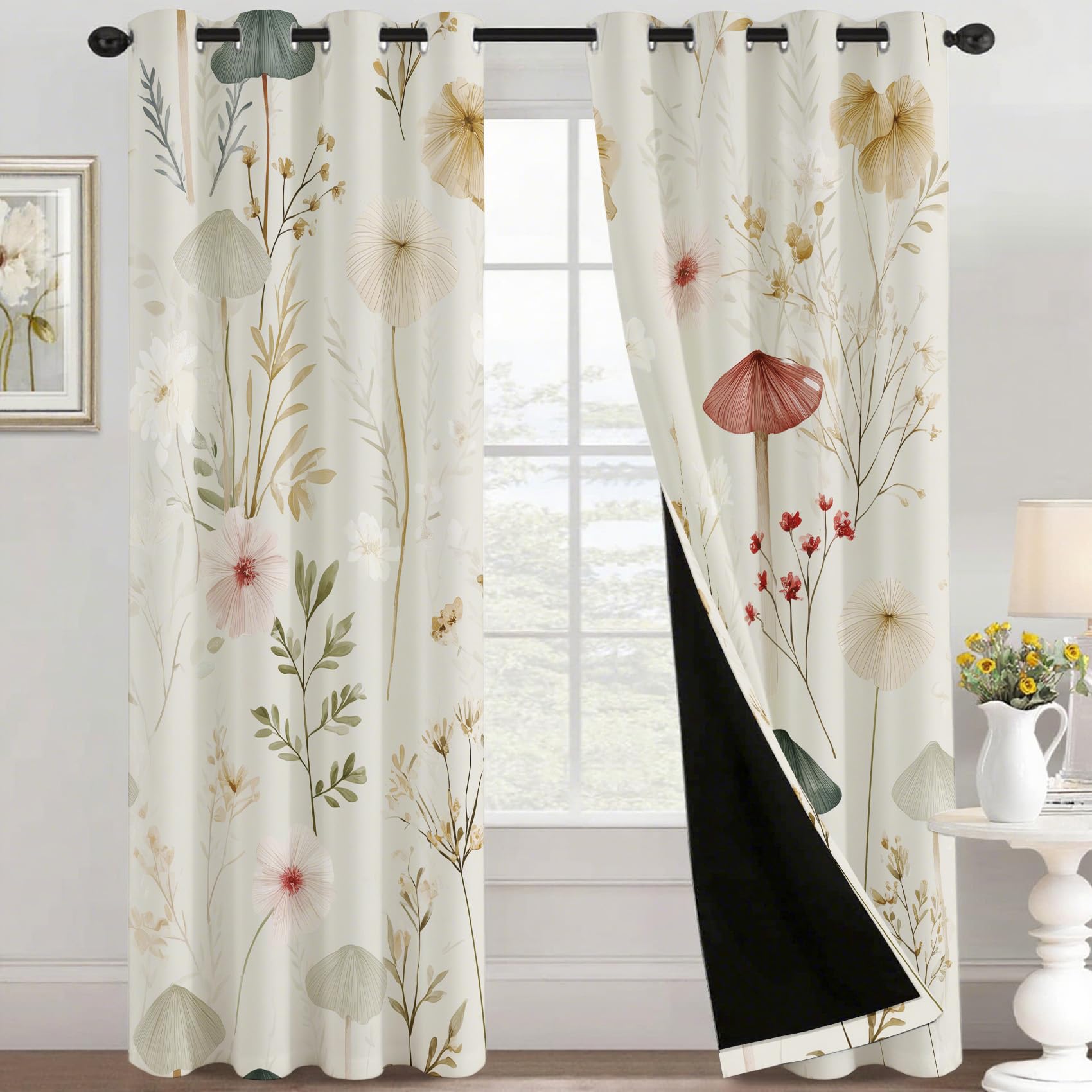 Mushroom Floral Blackout Curtains for Bedroom Decor, 52 x 96 Inch 2 Panels, Cottagecore Botanical Patterned Thermal Insulated Grommet Window Drapes, Mushroom Floral Living Room Decor