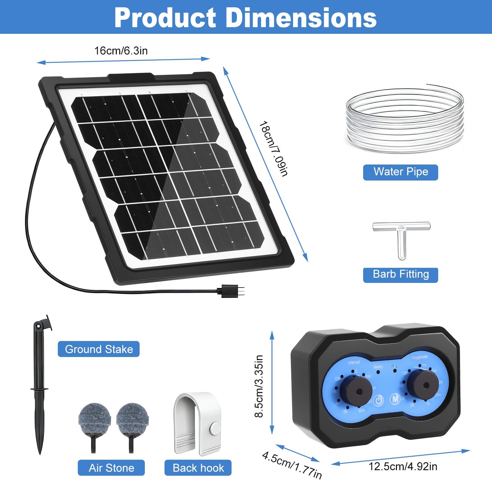 Pompe à oxygène solaire - 3 W - 2 modes de travail - Pompe à oxygène solaire programmée avec batterie de 2200 mAh - Silencieux et réglable - Pompe à air d'aquarium - Pompe à oxygène pour étang, jardin