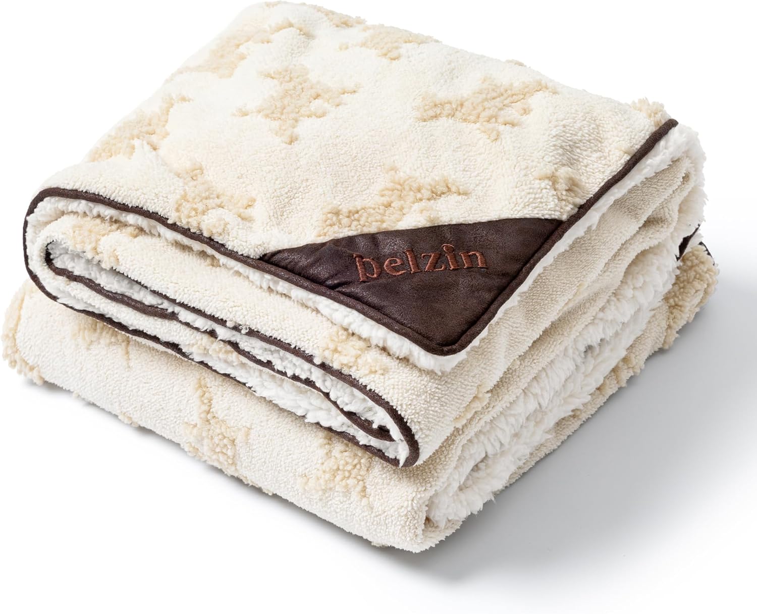 PELZIN Embossed Sherpa Dog Blankets for Large Dogs - Waterproof Cat Blankets for Indoor Cats - Heavy Duty Couch Cover Protector - Soft Reversible Throw Furniture Protection - Large, Cream