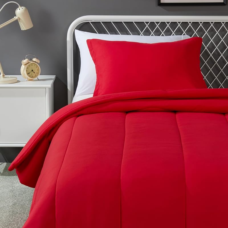 2-Piece Microfiber Kid's Comforter and Pillow Sham Set, All Seasons, Twin, Red, Solid