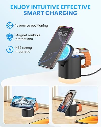 Miniatura 3 de JoyGeek Soporte de cargador 3 en 1 para Magsafe estación de carga inalámbrica plegable con luces nocturnas - Base de carga magnética para iPhone