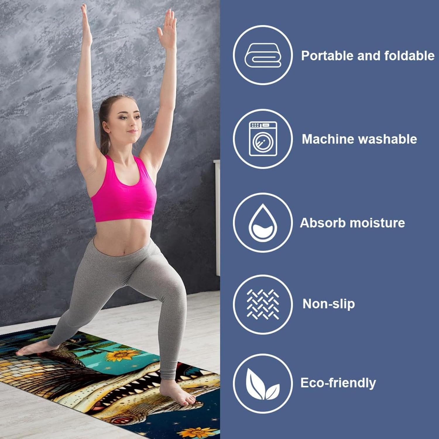 Yoga Towel, Crocodile Star Sunflower Non Slip Sweat Absorbent Hot Yoga Mat Towel for Hot Yoga, Pilates and Fitness - 72.8" x 26.8"