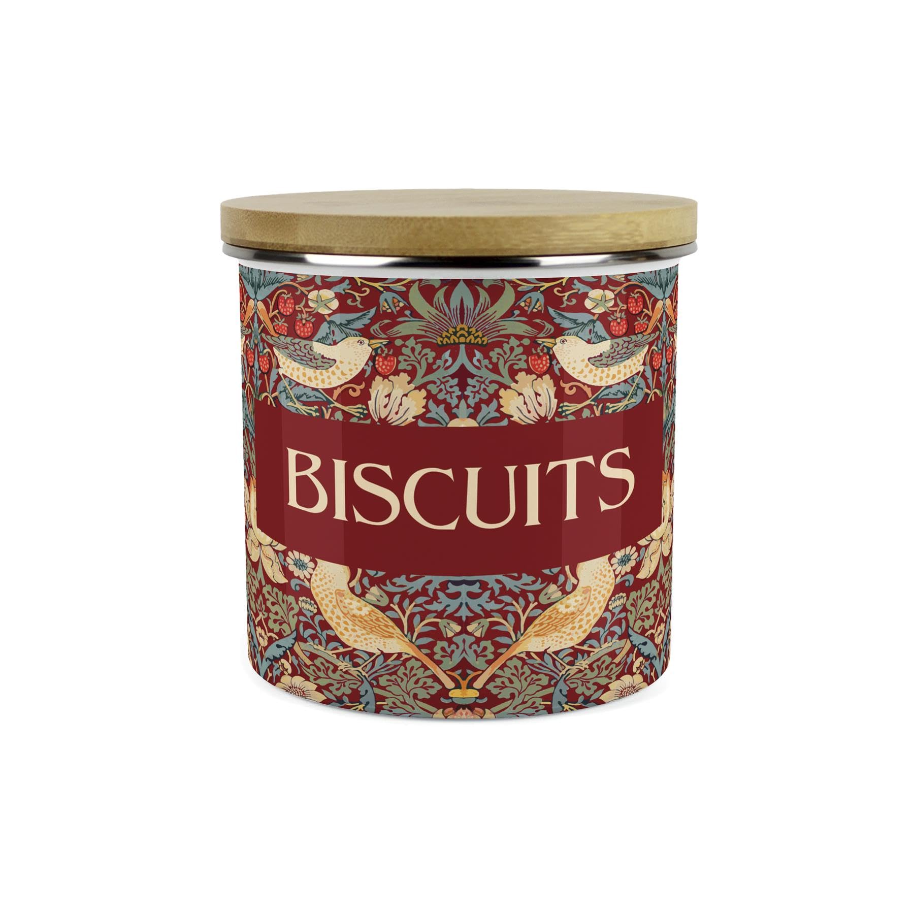 Purely Home Biscuits Red Strawberry Thief Small Storage Canister - Morris Inspired Floral Tapestry Artwork - Enamel Hot Drinks/Food Kitchen Storage Container