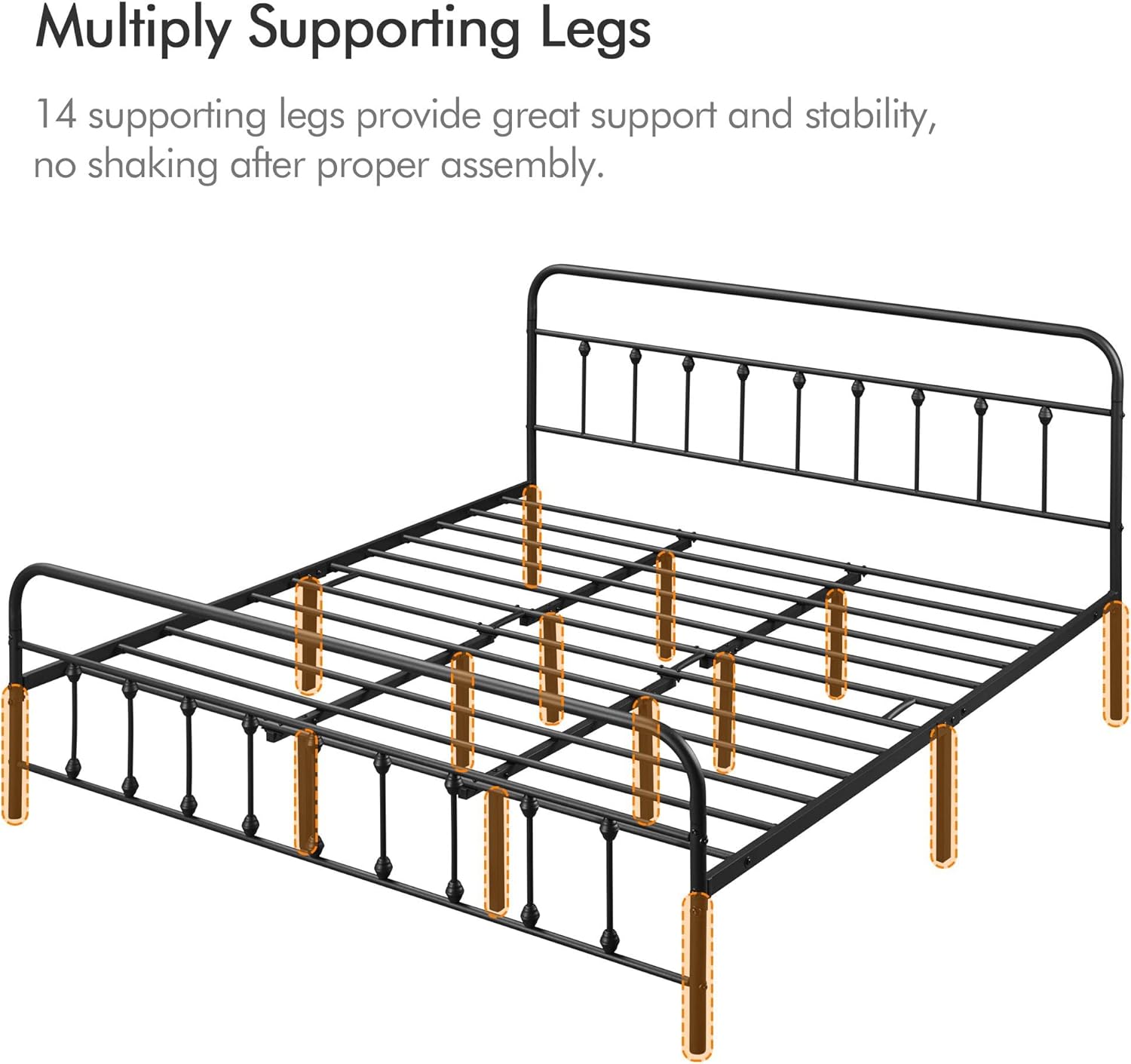 Diagram showing the placement of 14 supporting legs for the bed frame, emphasizing stability.