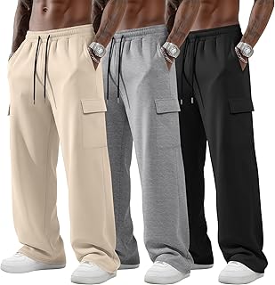 3 Pack Men's Big and Tall Cargo Sweatpants Baggy Wide Straight Leg Lightweight Open Bottom Drawstring Pants Pockets