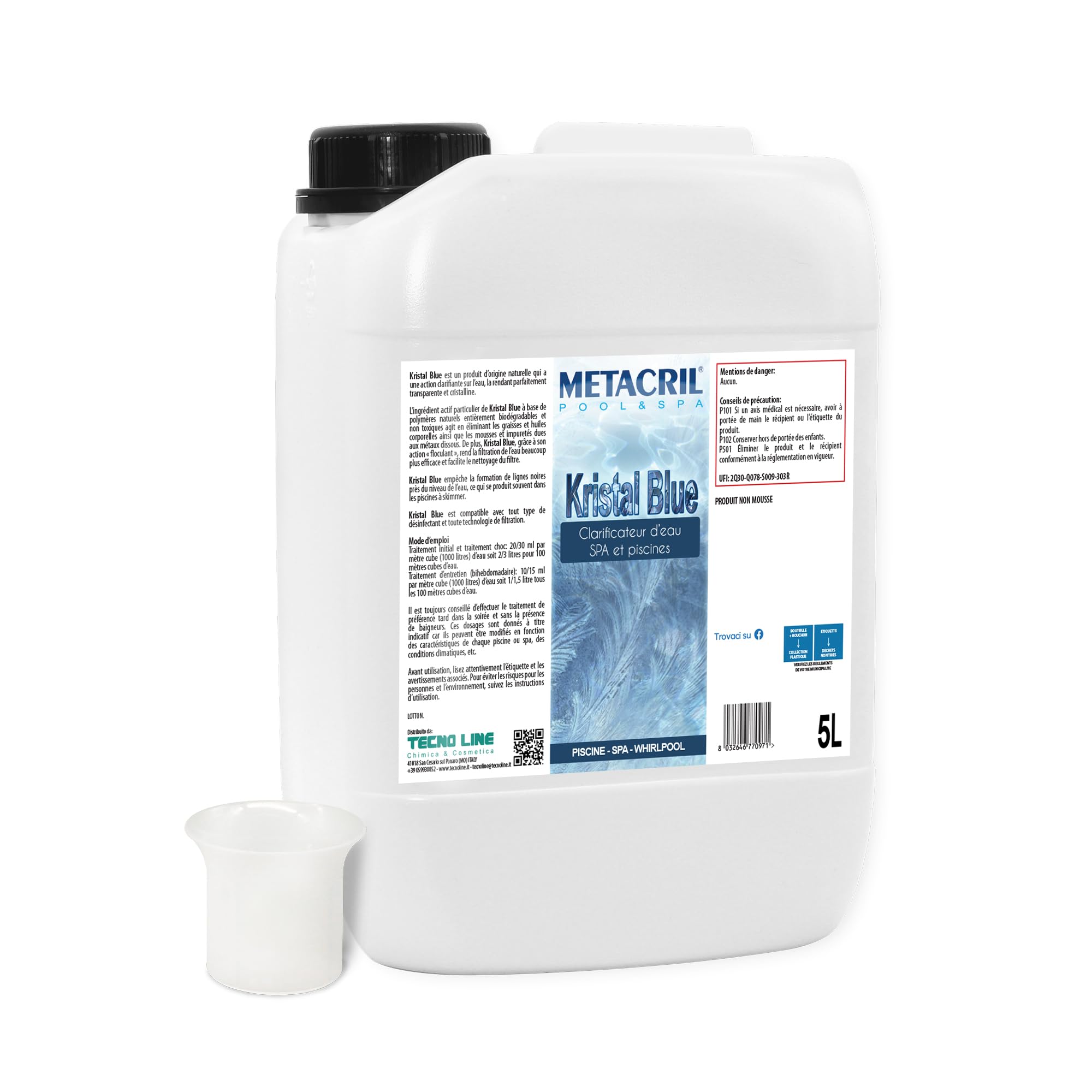 Metacril Kristal Blue + Dosatore, Flocculante e Chiarificante - 5 LT | a Base Naturale, Ideale per Piscina, Spa o Idromassaggio