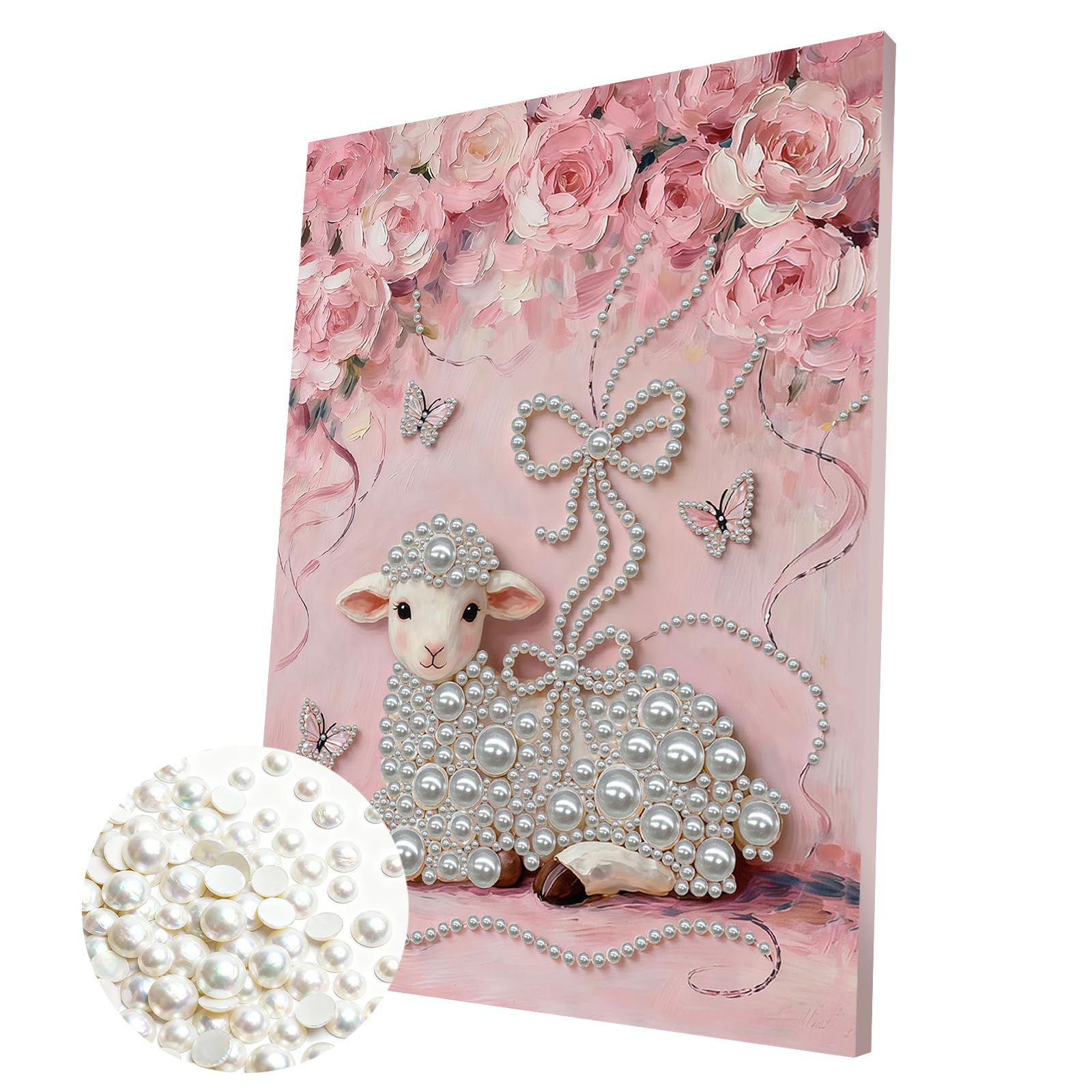 DIY Pearl Painting Kit with Wooden Frame, 3D Plastic Pearl Art Diamond Art Kits for Adults, Ready-to-Hang Home Decor, Gift for Women Beginners(Flower Sheep)(30 * 40cm)