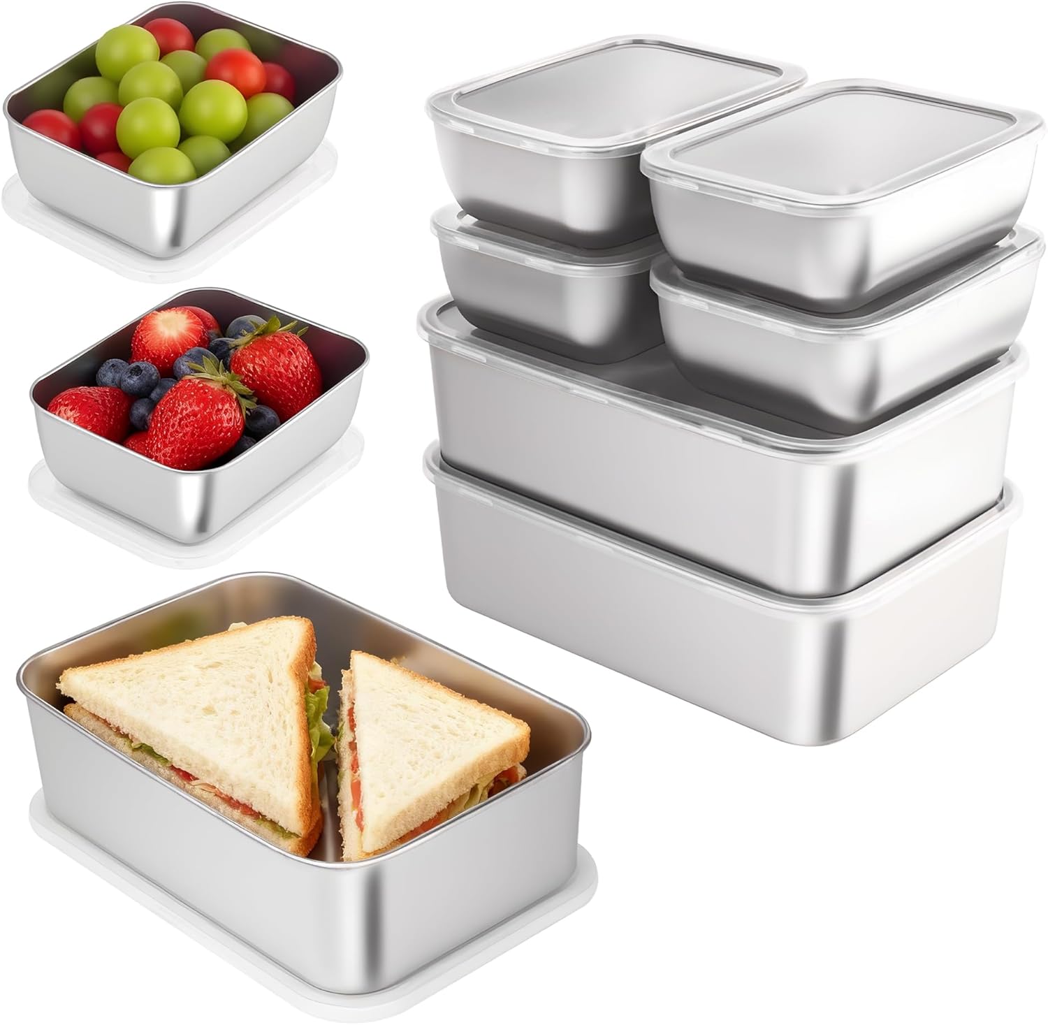 9-Piece Stainless Steel Food Storage Containers Set with Lids - 3 Large & 6 Small Metal Containers for Camping, Outdoor Picnic and Kitchen