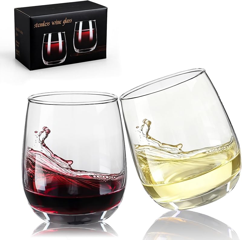 Stemless Wine Glasses, Red Wine Glasses Set of 2, Glasses 12 oz, Smooth Rim Wine Glass Set, Cute Wine Glasses Perfect for Wedding, Anniversary or Christmas Holiday Gifts