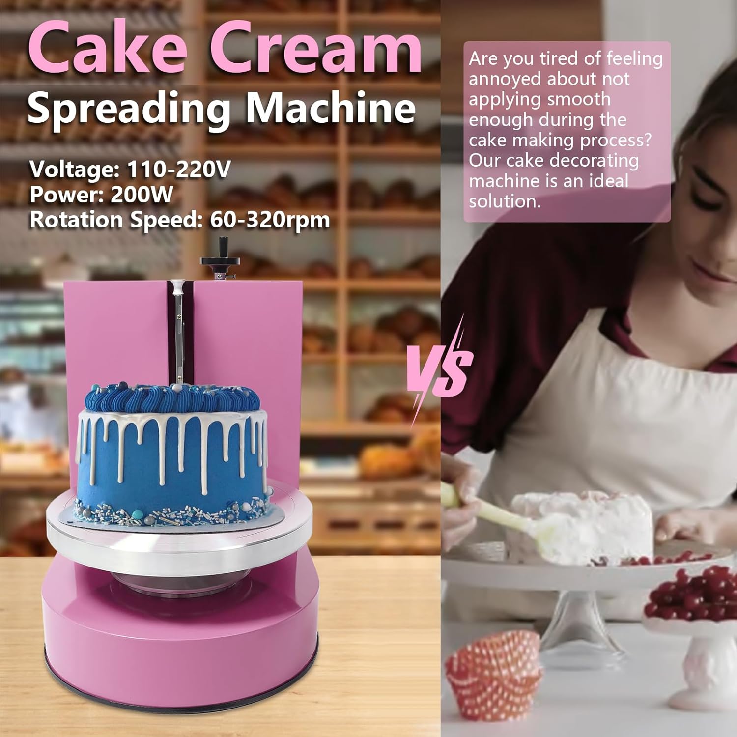 Cake Decorating Machine Automatic Cake Frosting Machine Cake Frosting Machine Automatic Frosting Turntable With Graduated Scraper 60-320RPM Electric Cake Turntable For 4-12 Inch Cake (Pink)