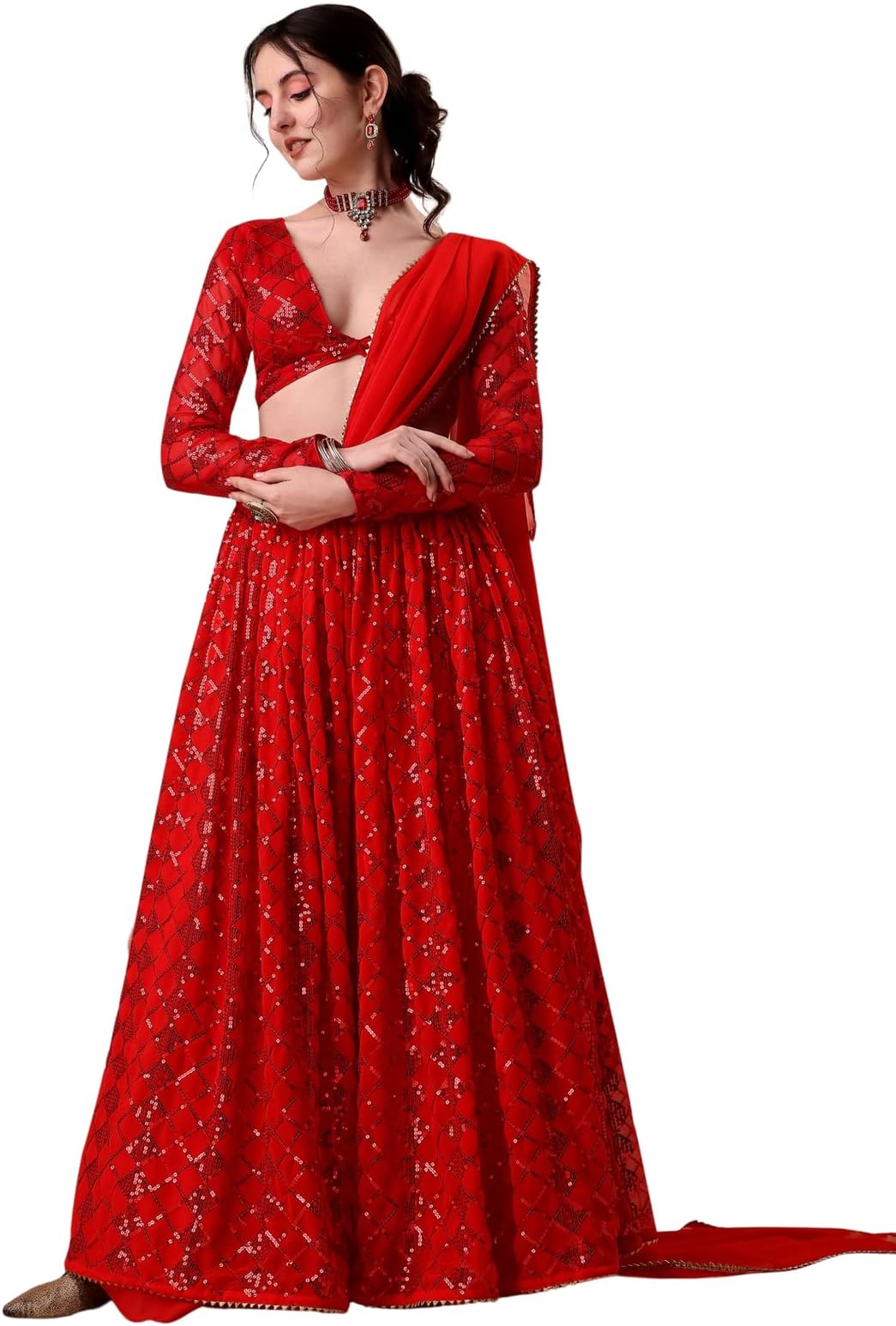 Niza Fashion Women Red Colour Georgette SequenceSemi-stitched Lehenga Choli Set