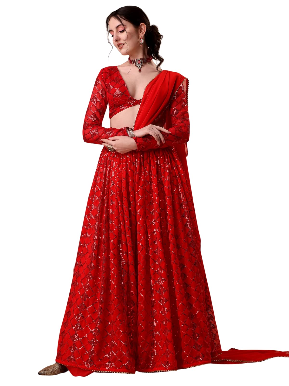 Niza Fashion Women Red Colour Georgette SequenceSemi-stitched Lehenga Choli Set