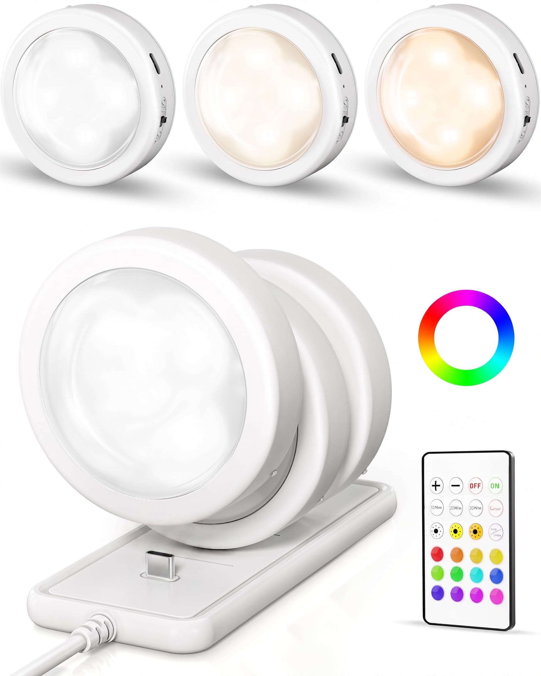 Photo 1 of EZVALO 6-Pack Rechargeable Puck Lights with Charging Station, Under Cabinet Lighting with Remote, 2.95'' Mini Tap Lights, 16 RGB Colors & 3 Color Temperatures, Dimmable Stick-On Lights