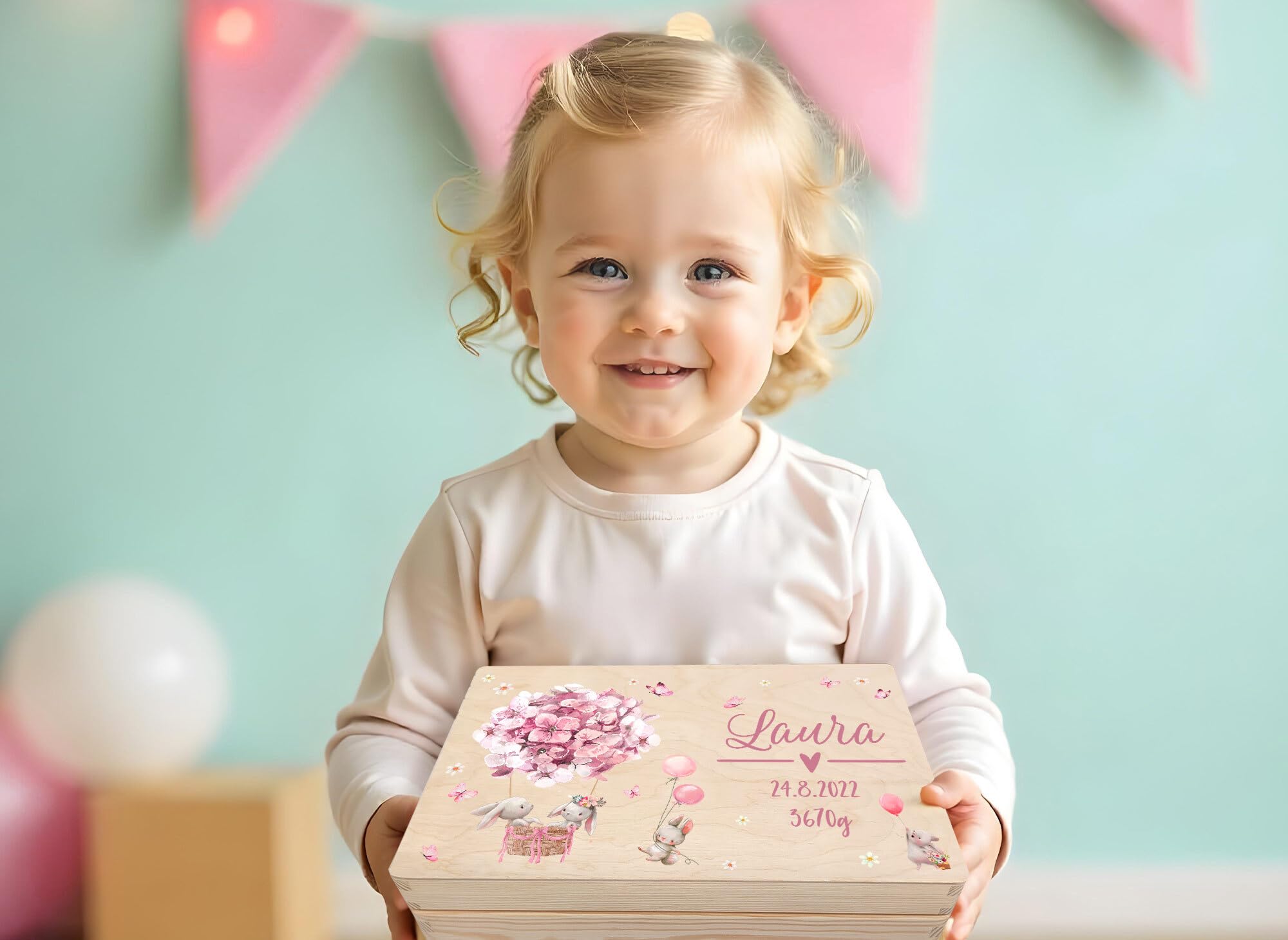 Little Deco Personalisierte Erinnerungskiste Baby Holzkiste | L - 40 x 30 x 22 cm | Hasen Geschenk Geburt Aufbewahrungskiste Geburtstag Spielzeugkiste für Mädchen XHL1023-01L