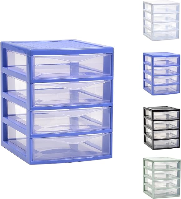 Plastic Desktop Storage Unit with Drawers, Stationary Arts Drawer Desktop Tabletop Organiser Storage Tower Unit for Office Bedroom Garage ((21.5 x 17.5 x 23cm, Blue With 4 Clear Drawers))