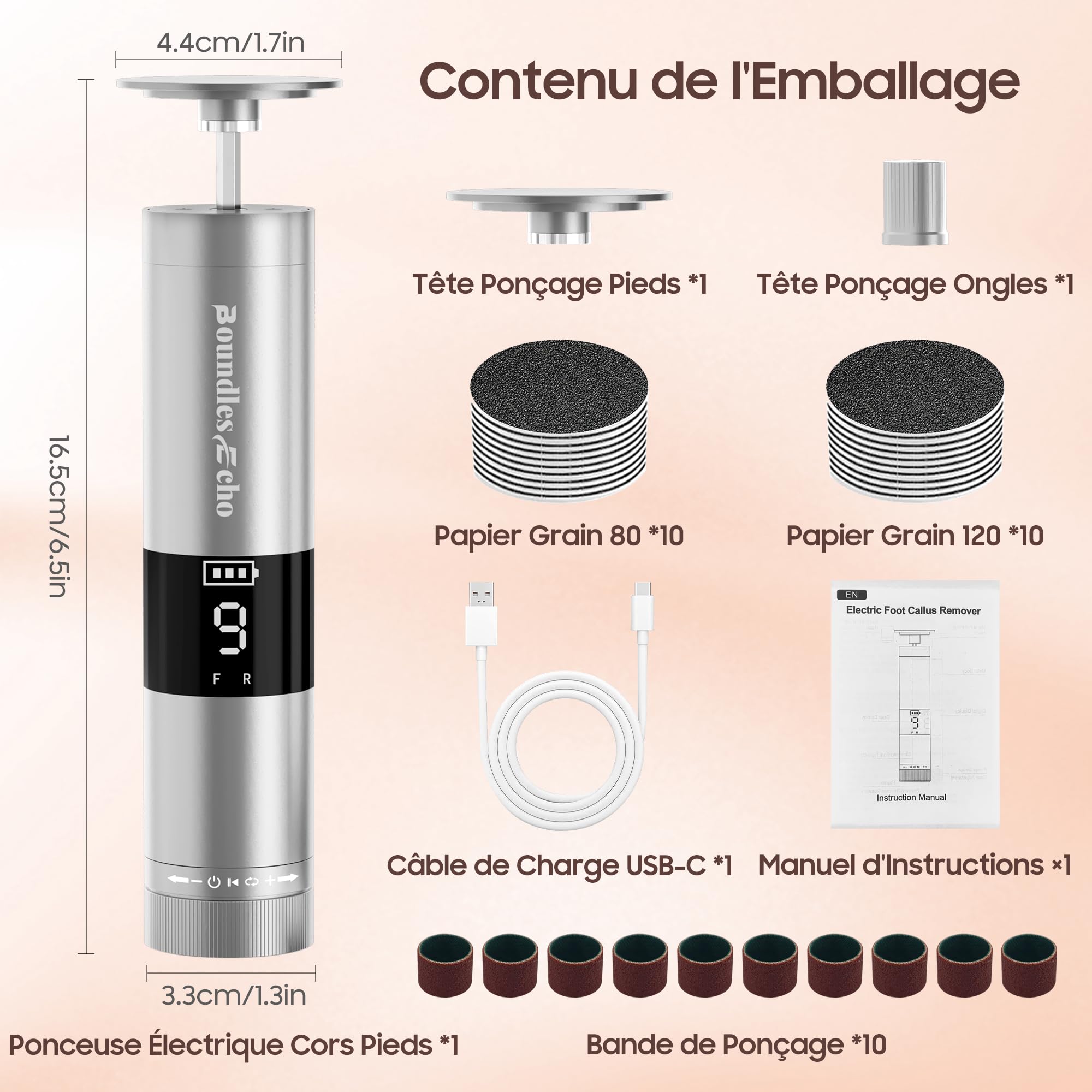 Éliminateur électrique de callosités et lime à ongles - Ensemble de pédicure rechargeable 2 en 1 avec 9 vitesses, affichage, 30 tampons abrasifs pour peau morte dure/callosités/talons