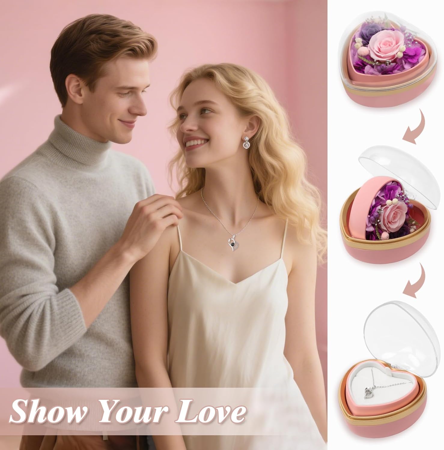 Preserved Real Rose with I Love You Necklace in Heart Shaped Box, Valentines Day Gift for Her, Pink Eternal Flower Christmas Mothers Day Birthday Gifts for Women Mom Wife Girlfriend Grandma - Image 5