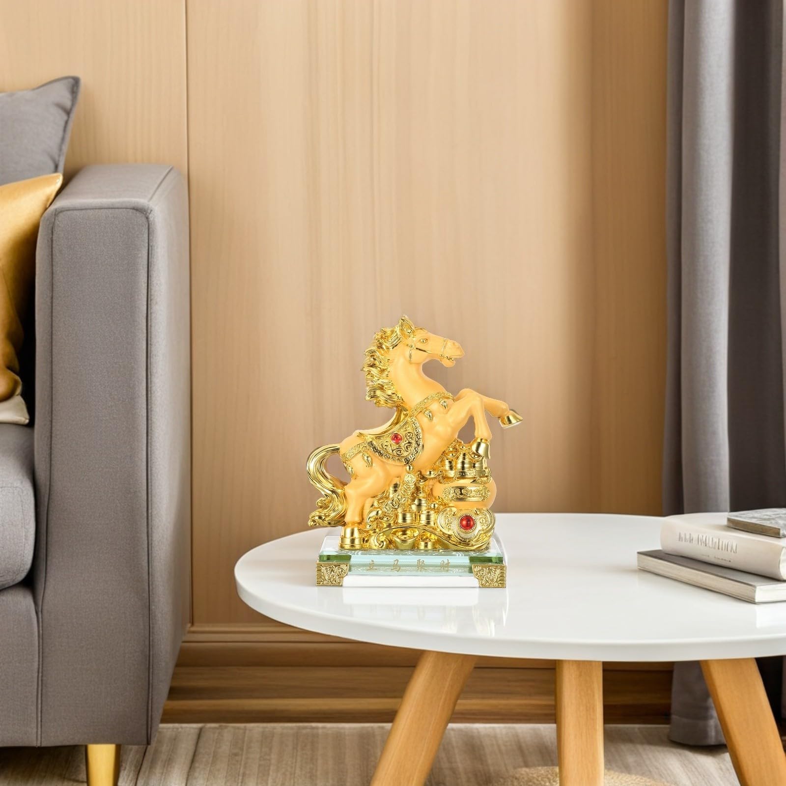 Statua in Resina di Cavallo Oro, Decorazione per Salotto e Scrivania