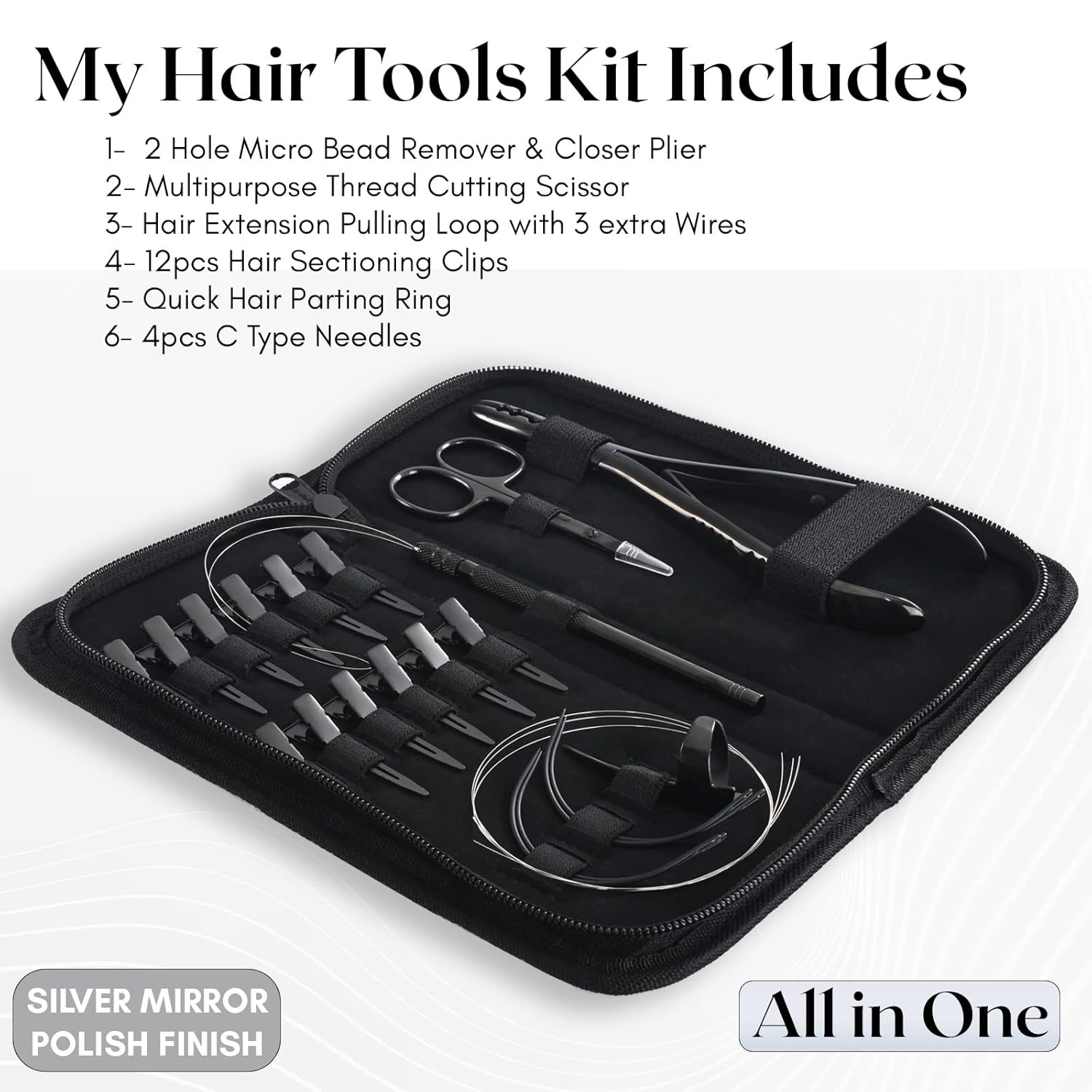 Hair Extension Tools Kit Includes 2 HoleMicro Beads Microlink Crimping Plier, 12pcs Sectioning Clips, Quick Parting Tool, Mini Scissor & C Type Needles, Loop Tool (Black)