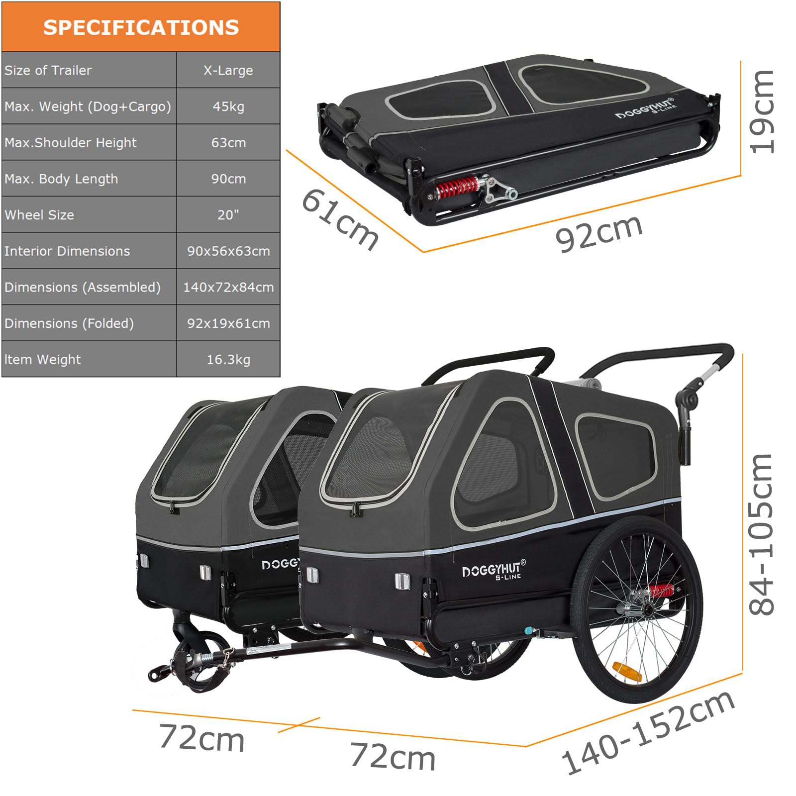 DOGGYHUT S-Line XL Przyczepa rowerowa, wózek dla psów do 45 kg, składany wózek wiszący, niski środek ciężkości, hamulce postojowe