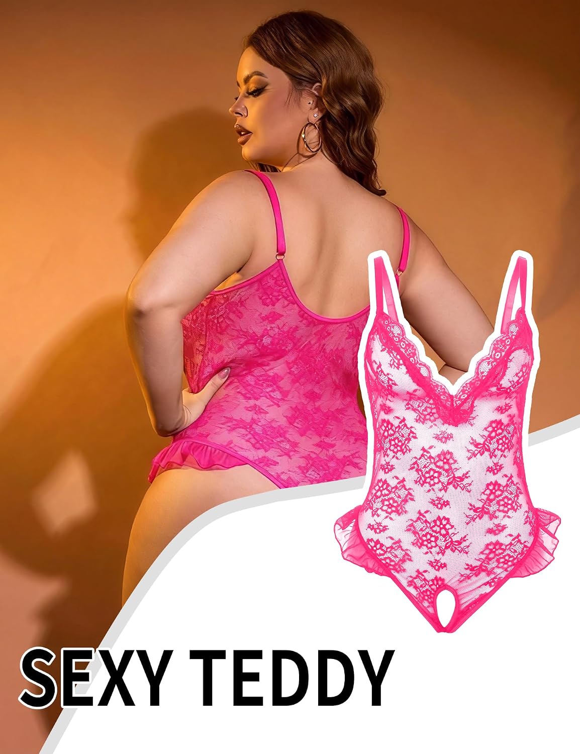 ohmydear Womens Plus Size Crotchless Lingerie Lace Teddy Deep V Neck Halter Bodysuit One Piece Babydoll