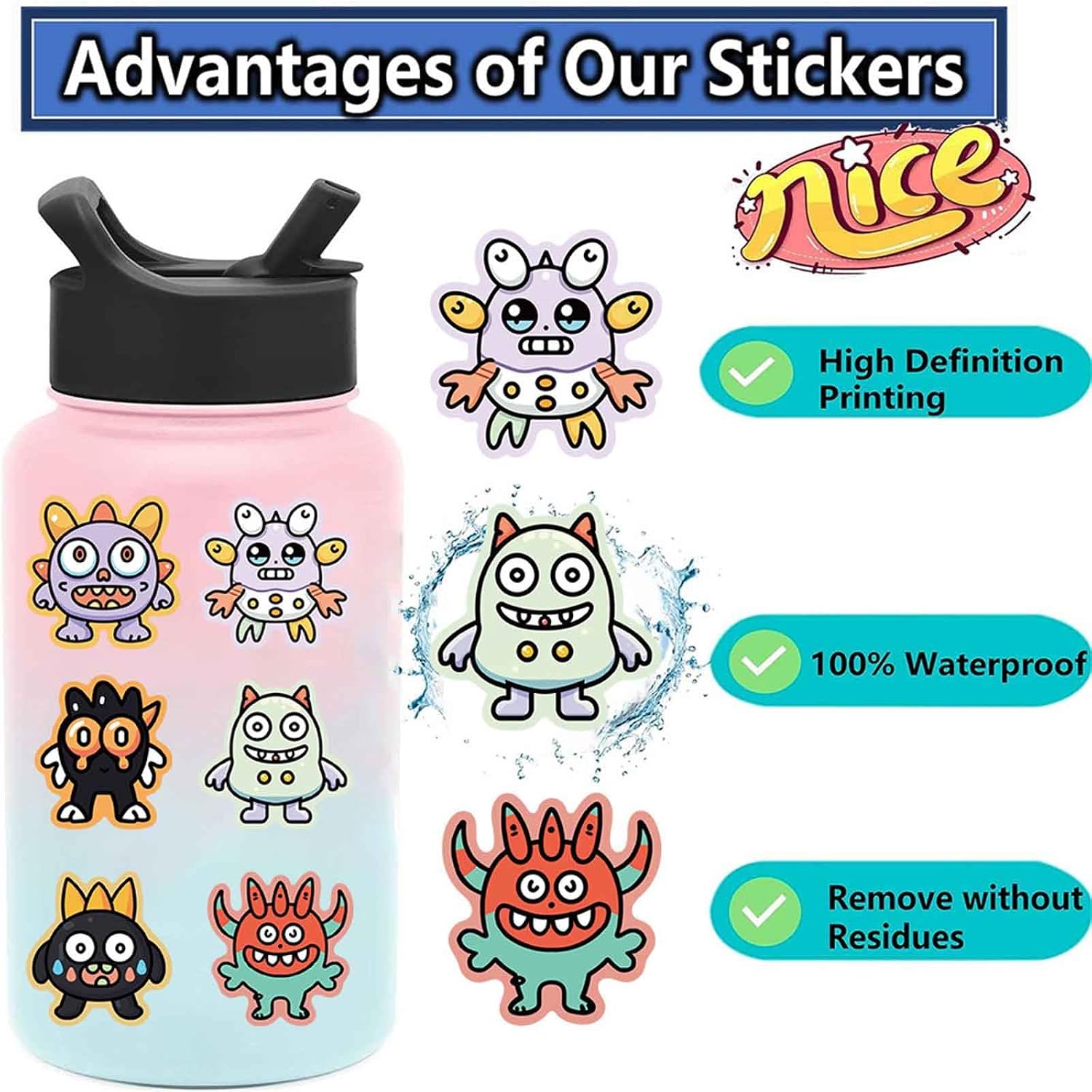 50Pcs Cute Cartoon Monster Sticker Kids Water Bottle Sticker image 4