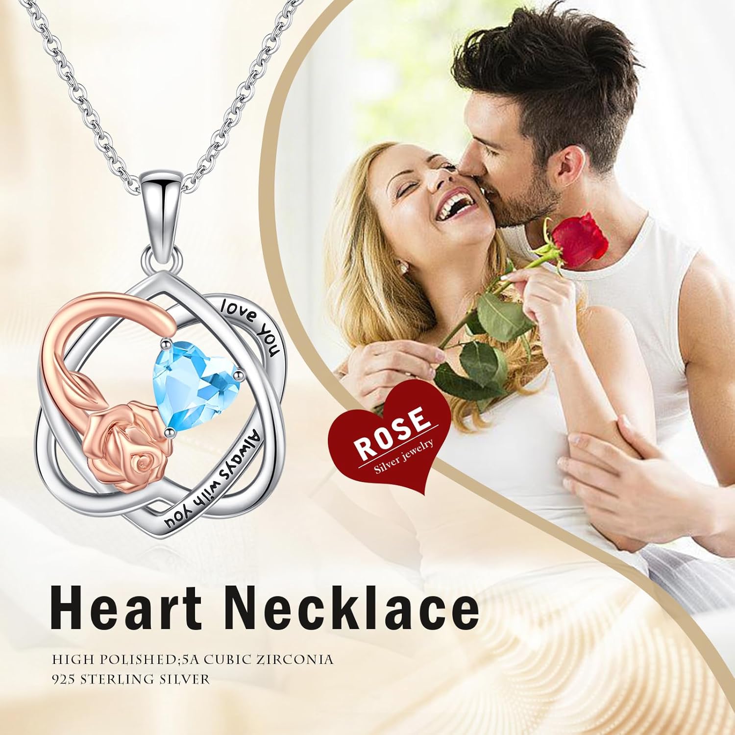 Birthstone Necklace for Women, Heart Infinity Necklace, Rose Flower Pendant for Mom,Mothers Family Birth Stone Jewelry, Anniversary Christmas Birthday Gift for Wife Her Girlfriend - Image 7