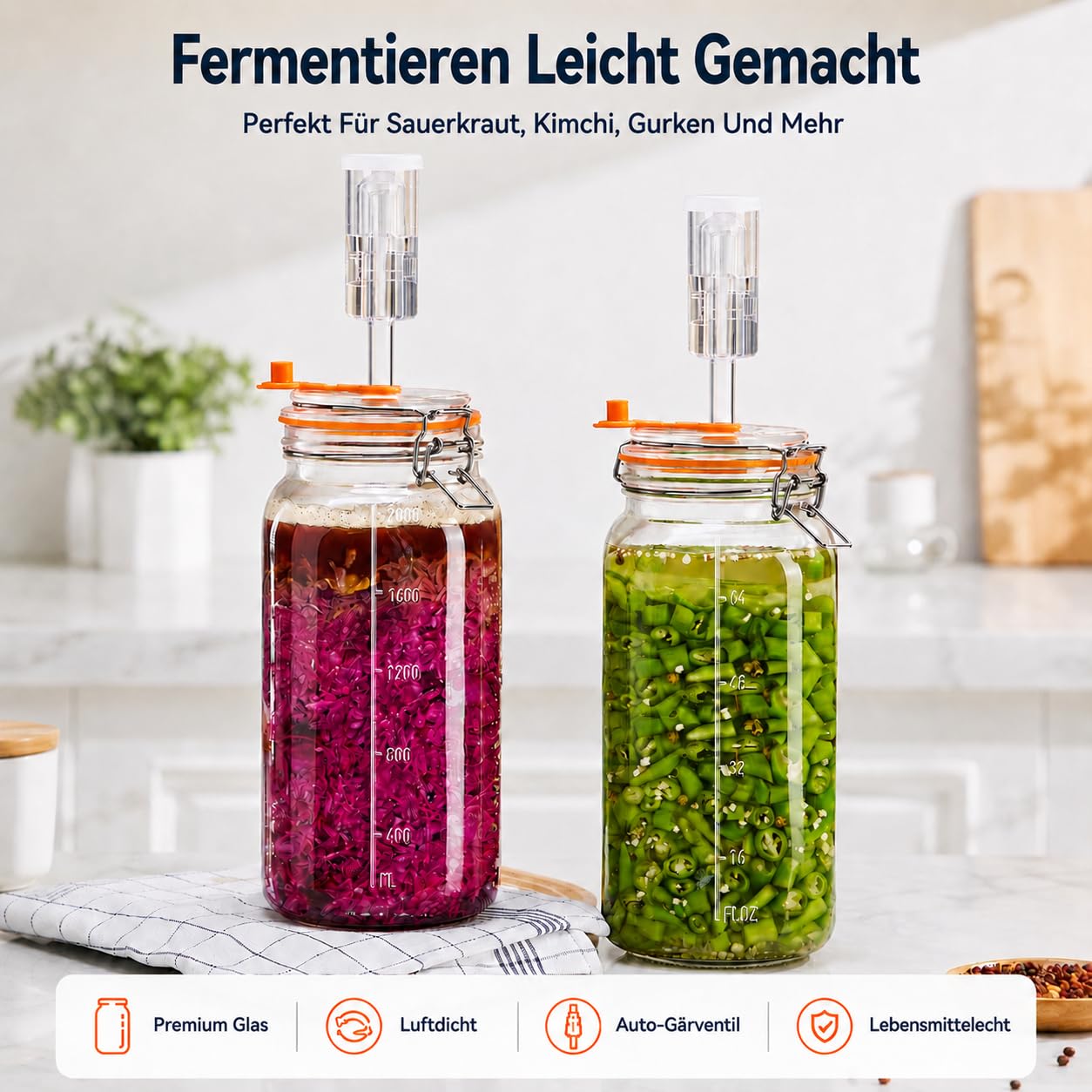 Fermentiergläser 2 L Glas-Fermentierset mit Airlock und Gewichten 2er-Set