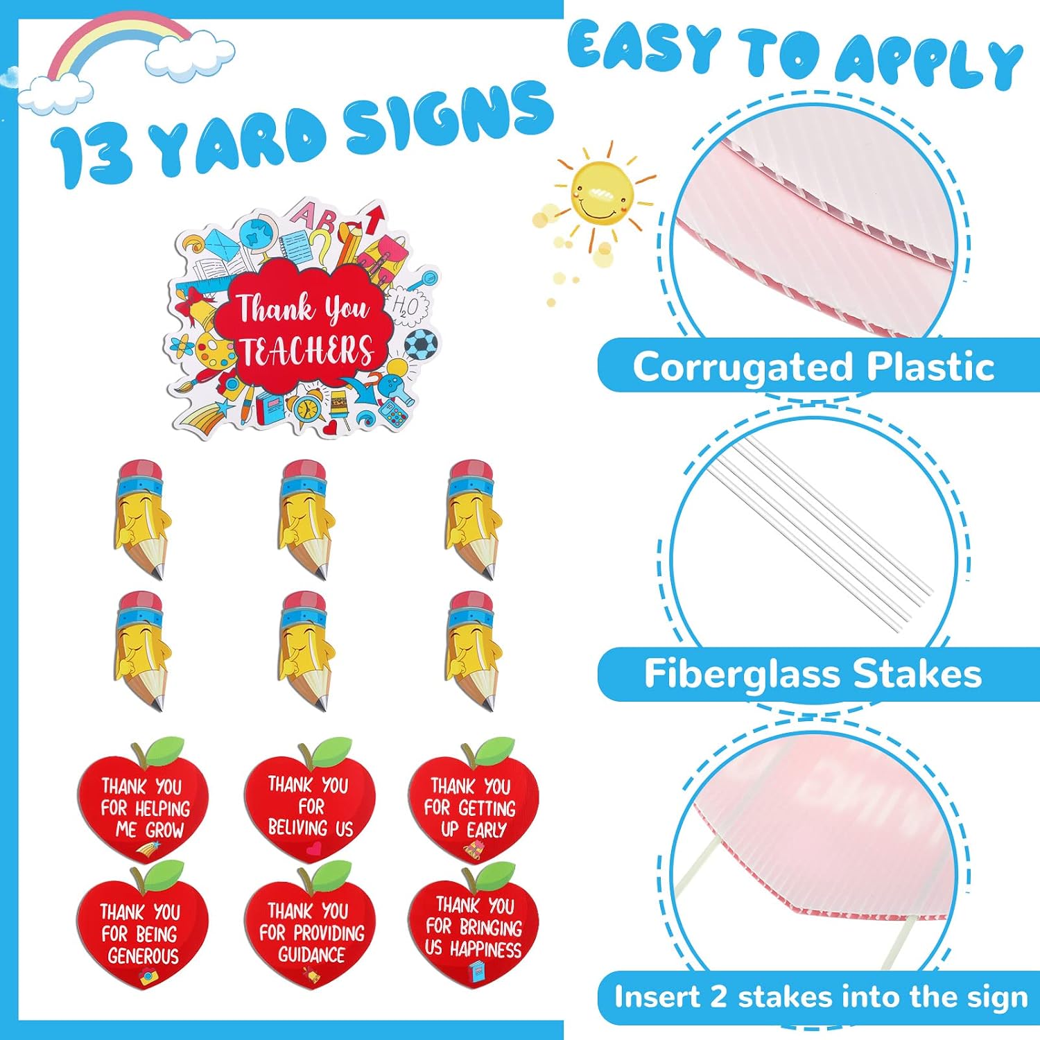 13 Pieces Teacher Appreciation Yard Signs Thank You Teacher Yard Sign Pencil Letter Fruit Plastic Garden Sign Teacher and Staff Appreciation Yard Signs with 26 Stakes for Outdoor Decorations