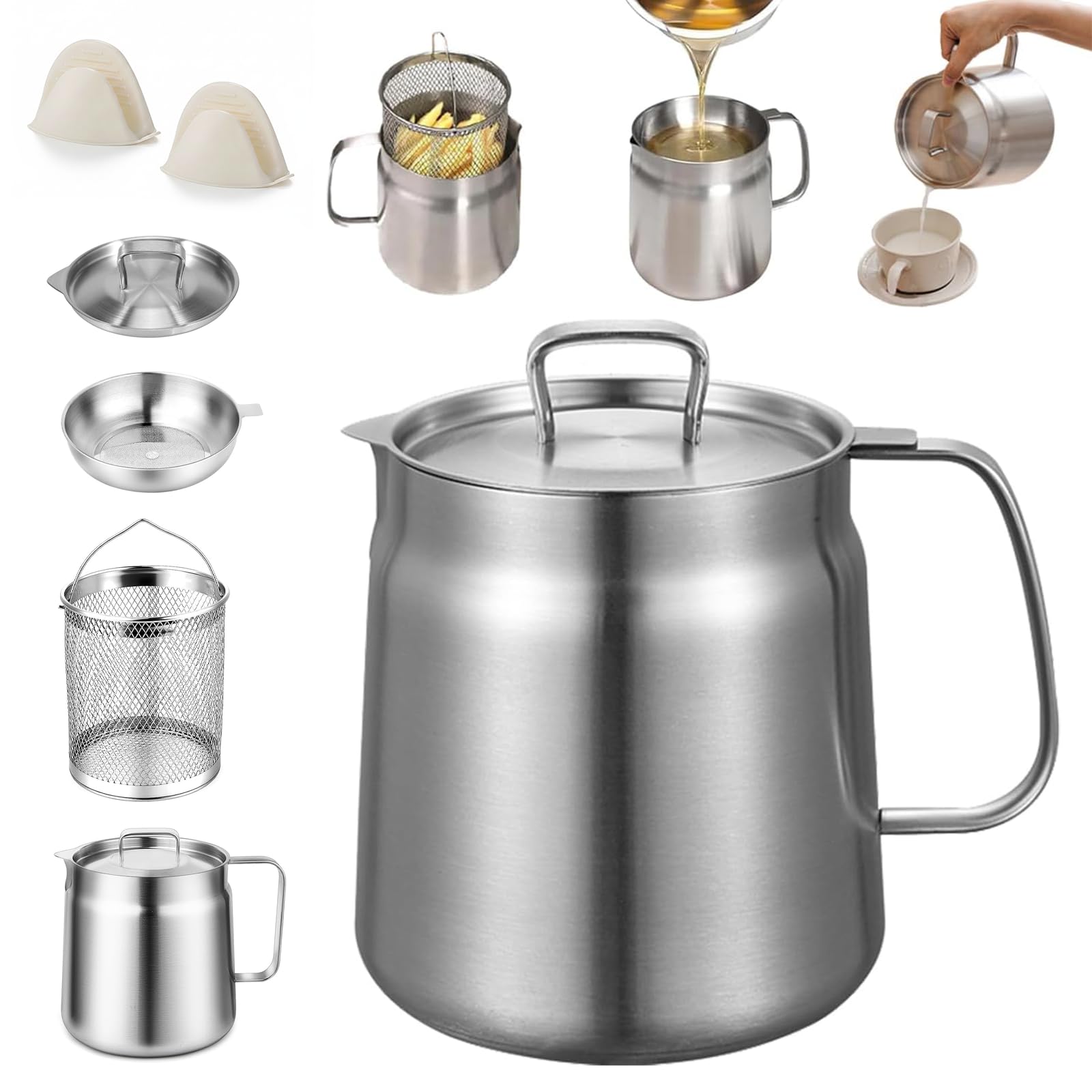 Liocwocne 2L 68Oz Stainless Steel Deep Fryer Pot, 2-In-1 304 Stainless Steel Oil Filter Pot With Fine Mesh Filter & Frying Basket, Cooking Oil Strainer Grease Container Chip Pan (2L)