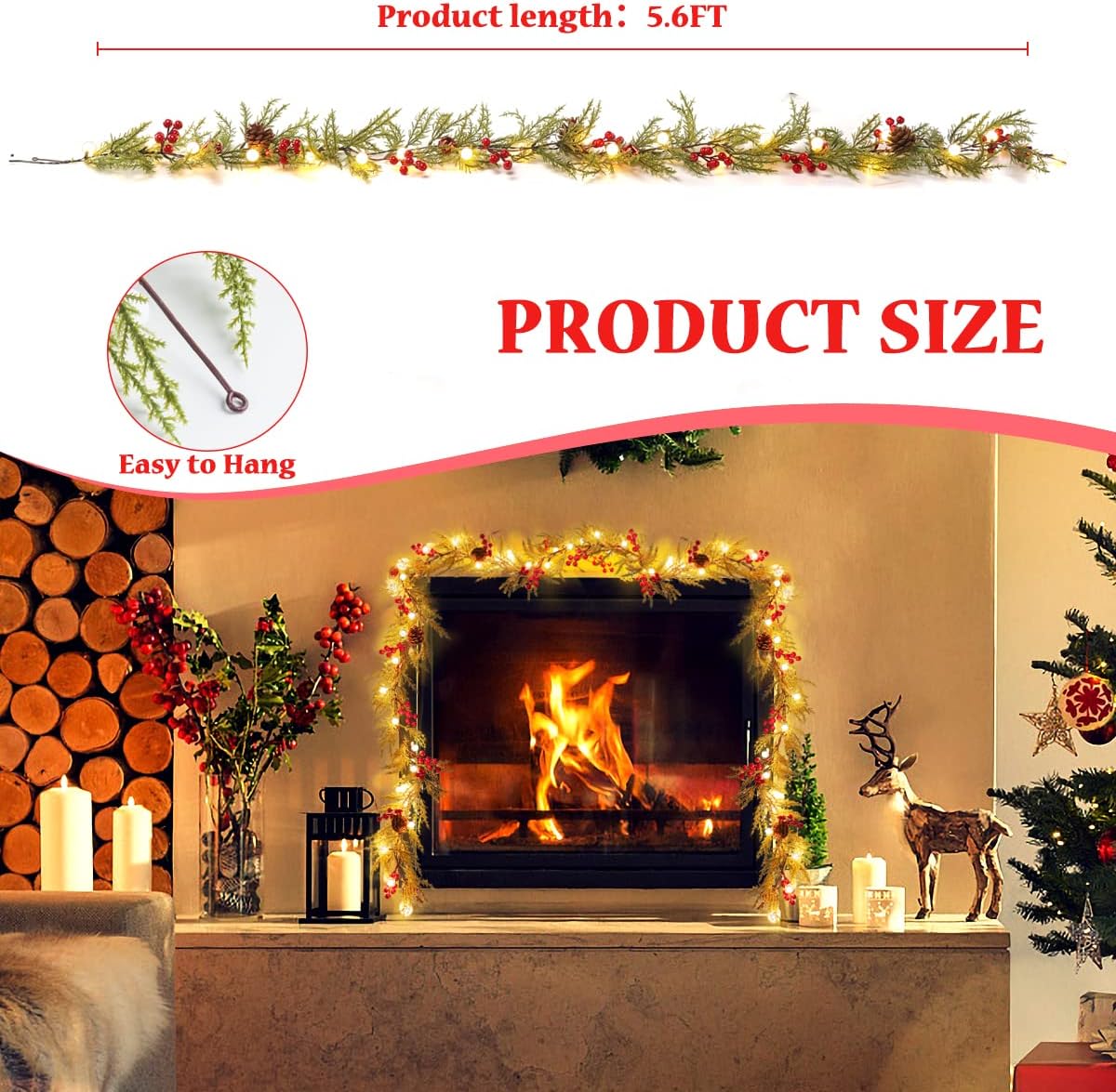 Quntis Christmas Garland with 20 Globe Lights, 2 Pack 5.7FT Artificial Red Berry Garland Christmas Decorations PineCones Bells, Lighted Garland for Mantel Door Fireplace Table Holiday Indoor Outdoor