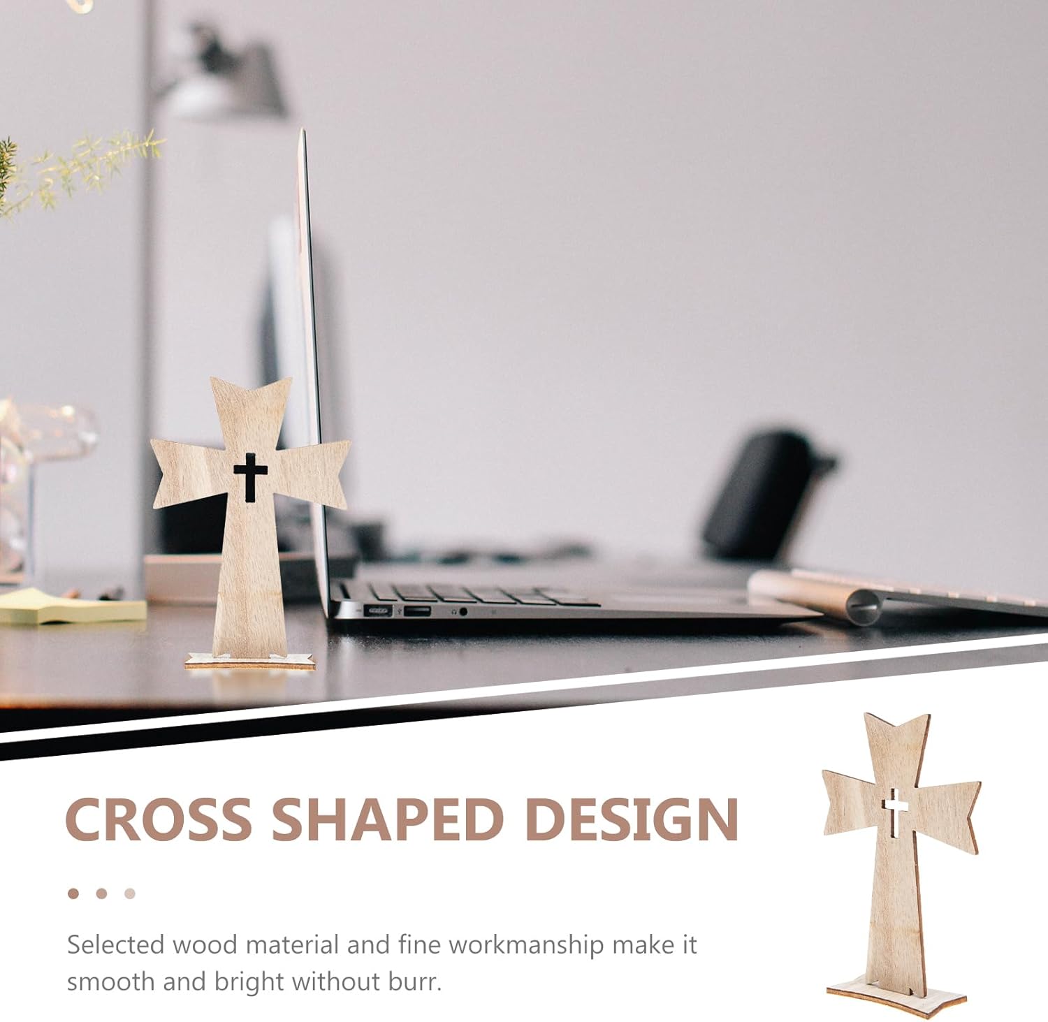 Amosfun Wooden Cross Craft with Stand Base - Creative Household Decor for Bedroom Desktop Religious and Holiday Decoration