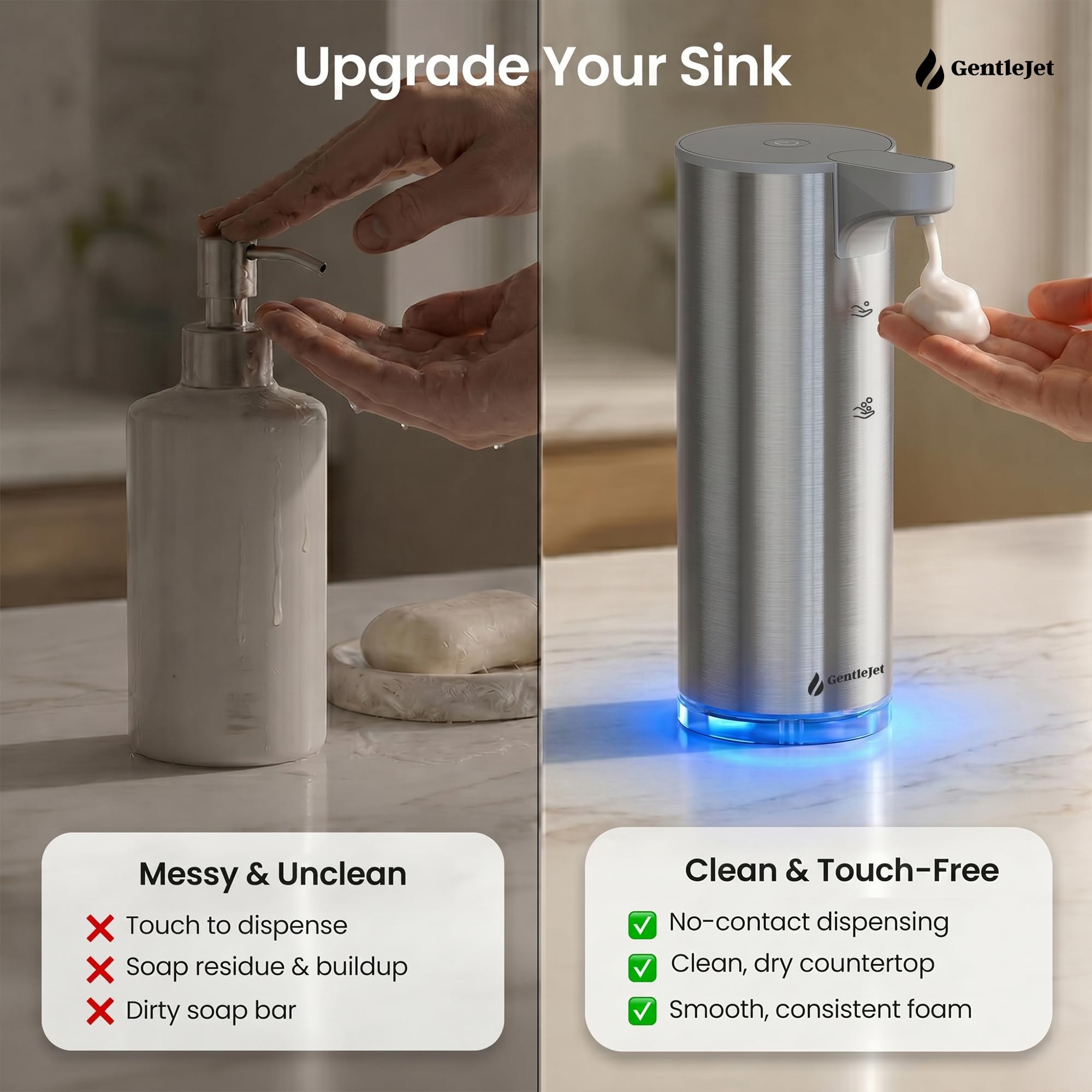 GentleJet EasyFoam Automatischer Schäumender Seifenspender, Berührungslose USB-C Wiederaufladbare Sensorpumpe, 304 Edelstahl, Verstellbarer Schaum, IPX5 Wasserabweisend für Bad & Küche, 295.7 ml
