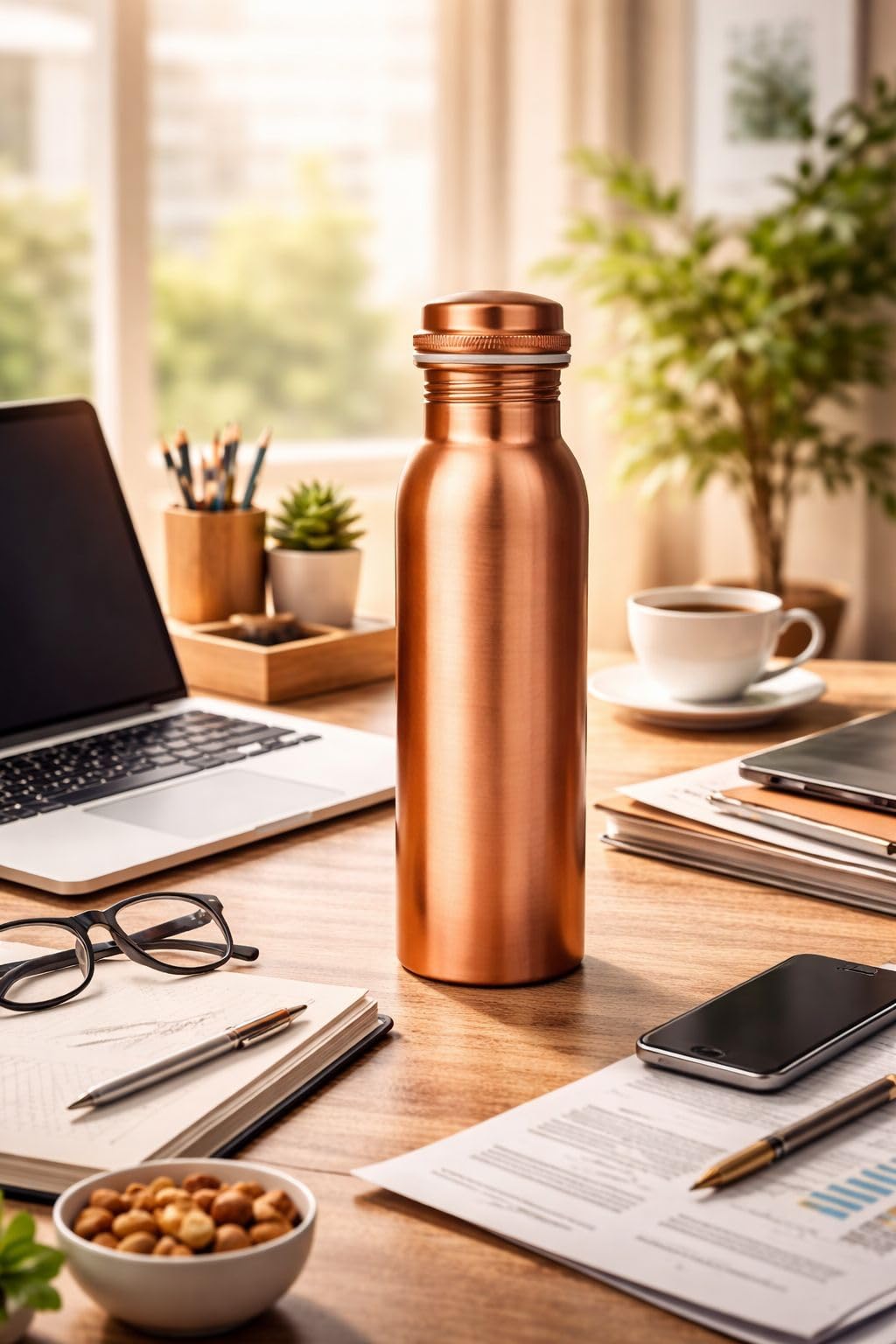 Wasserflasche aus 100 % reinem Kupfer mit Tragetasche, im Labor getestet, auslaufsicher, handgefertigt, ayurvedisches Kupfergefäß, Wasserflasche aus reinem Kupfer zum Trinken (Kupferflasche mit Tasche