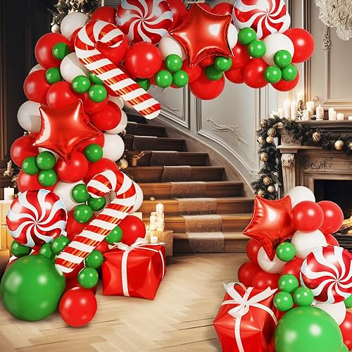 Miniatura 6 de Kit de arco de guirnalda de globos rojos, verdes y blancos, globos de fiesta de Año Nuevo, 133 globos rojos, verdes y blancos con caja de regalo de